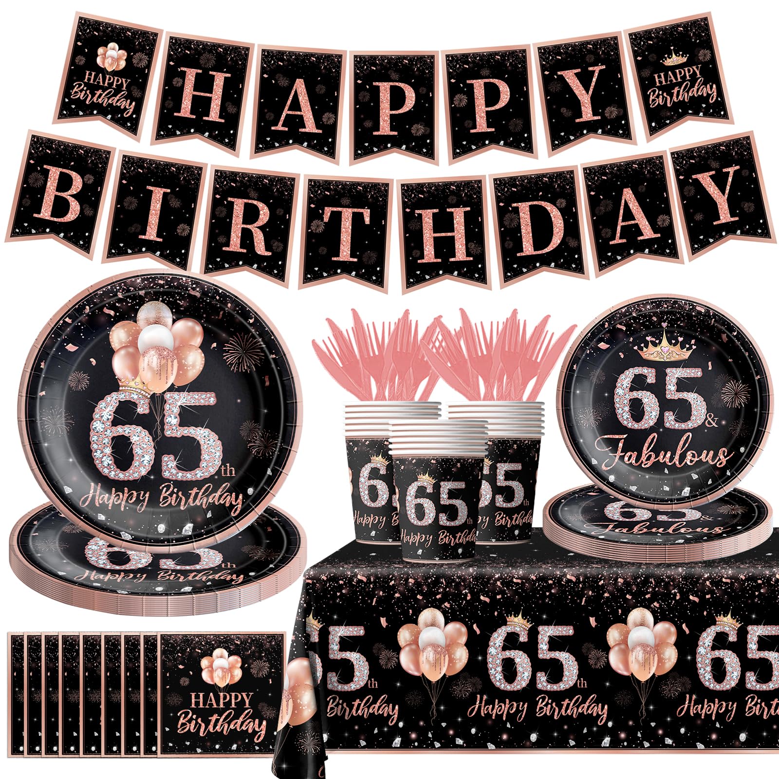 142Pcs Rose Gold 65th Birthday Party Tableware Set - Disposable Tablecloth, Plates, Napkins, Cups, Forks & Knives - Elegant Women's 65th Birthday Decorations - Perfect for Milestone Celebrations, Retirement Parties & Special Occasions