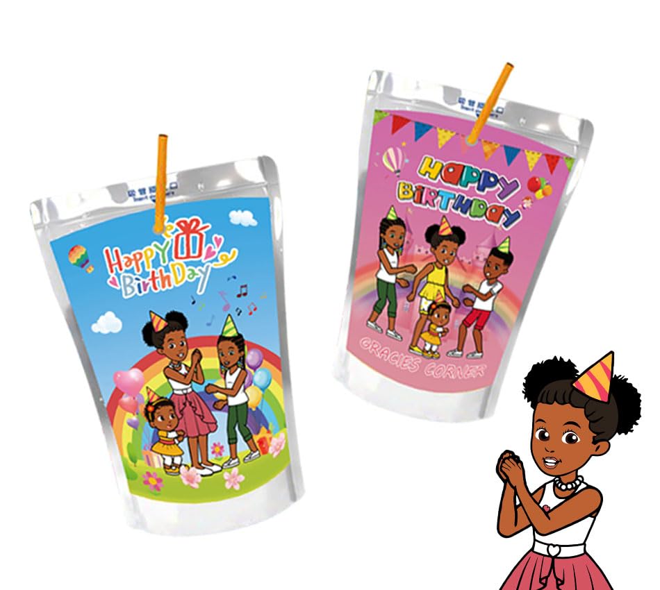 Gracie's Birthday Party Supplies - 24pcs Juice Pouch Tags & Stickers for Kids Party Decorations, Birthday Favors - Perfect for Themed Parties, Baby Showers & Classroom Celebrations