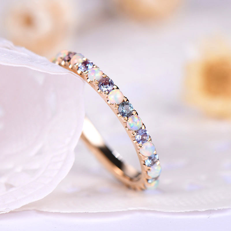 Opal and Alexandrite Wedding Band - Full Eternity Ring in 14K/18K Gold for Women | Elegant Bridal Jewelry, Anniversary Gift, Engagement Ring Alternative