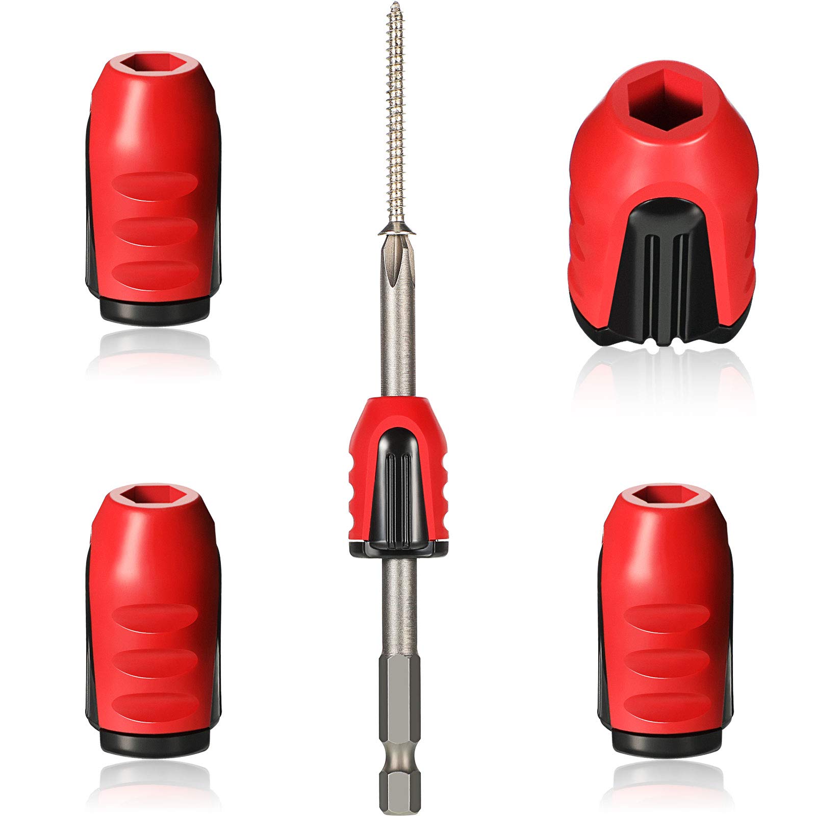Magnetic Screw Holder Rings - 1/4 Inch (6.35mm) Screwdriver Bit Magnetizer for Electric Drills & Hand Tools - 5-Piece Set (Red) - Perfect for DIY Projects, Construction Work & Home Repairs