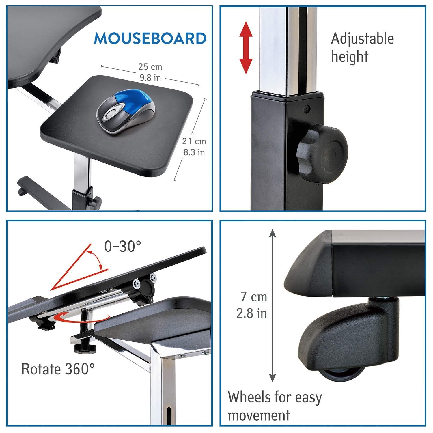 Tatkraft Joy Adjustable Height Portable Laptop Desk with Mouse Pad - Ergonomic Rolling Computer Stand for Home Office, Gaming & Study - Sturdy Black Workstation for Comfortable Computing Anywhere