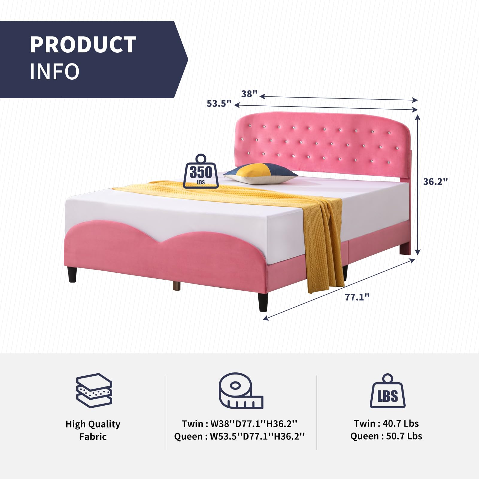 ZAFLY Full Size Bed Frame for Kids - Pink Princess Bed with Cushioned Headboard & Wooden Slats, Sturdy Girls Bed Frame for Deep Sleep | Perfect for Bedrooms, Playrooms & Sleepovers (Diamond Design)