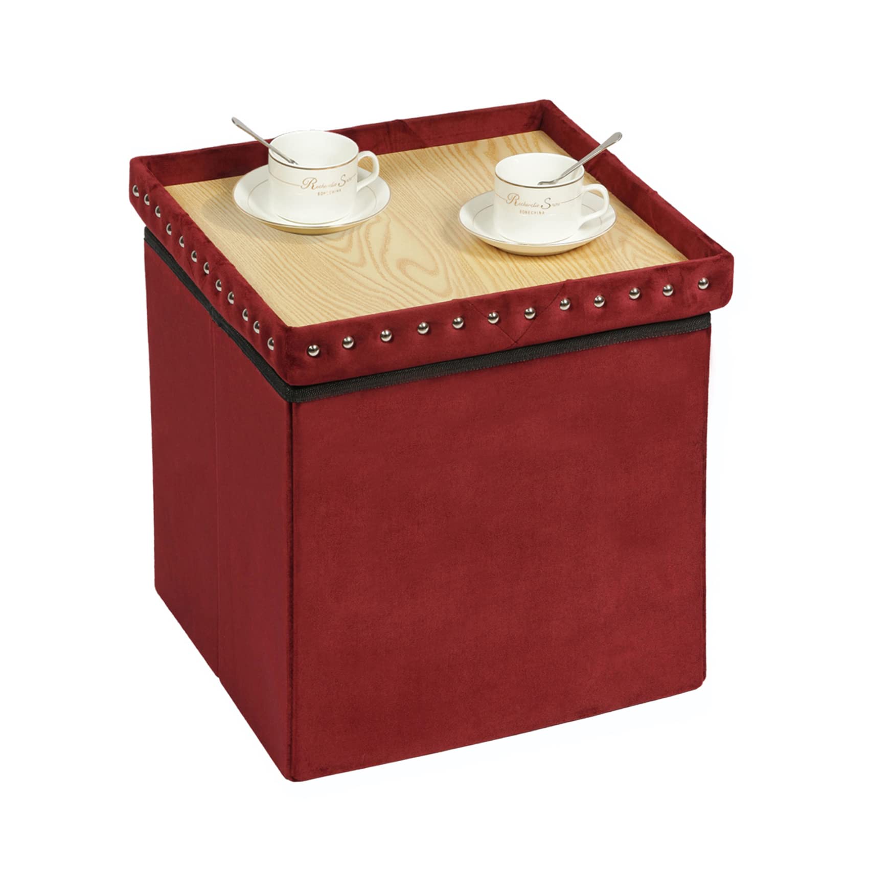 Luxury Velvet Storage Ottoman Cube - 15.7 Inch Folding Tufted Footrest Stool with Storage | Multi-Functional Coffee Table Top Cover & Toy Chest | Perfect for Bedroom, Living Room & Nursery Organization (Red)