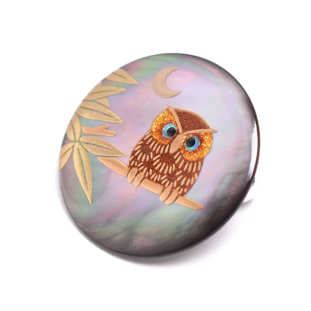 Handcrafted Japanese Maki-e Urushi Lacquer Brooch with Black Lip Oyster Pearl Shell Owl Design - Traditional Artisan Jewelry for Women, Gift for Collectors, Perfect for Special Occasions & Cultural Events
