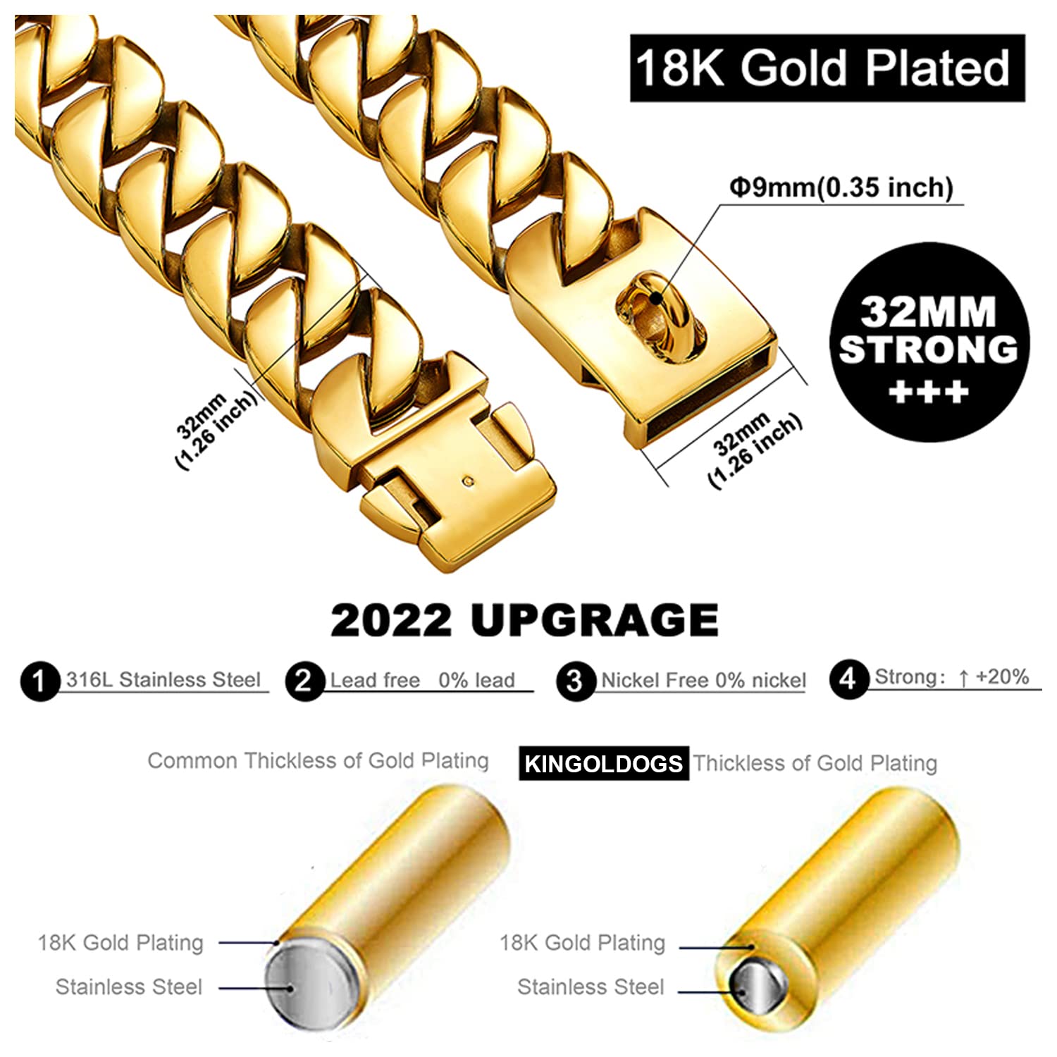 32mm Cuban Link Dog Collar - 18k Gold Plated 316L Stainless Steel Martingale Collar with Safety Buckle for Medium/Large Breeds | Durable Chew-Proof Design for Training & Daily Walks