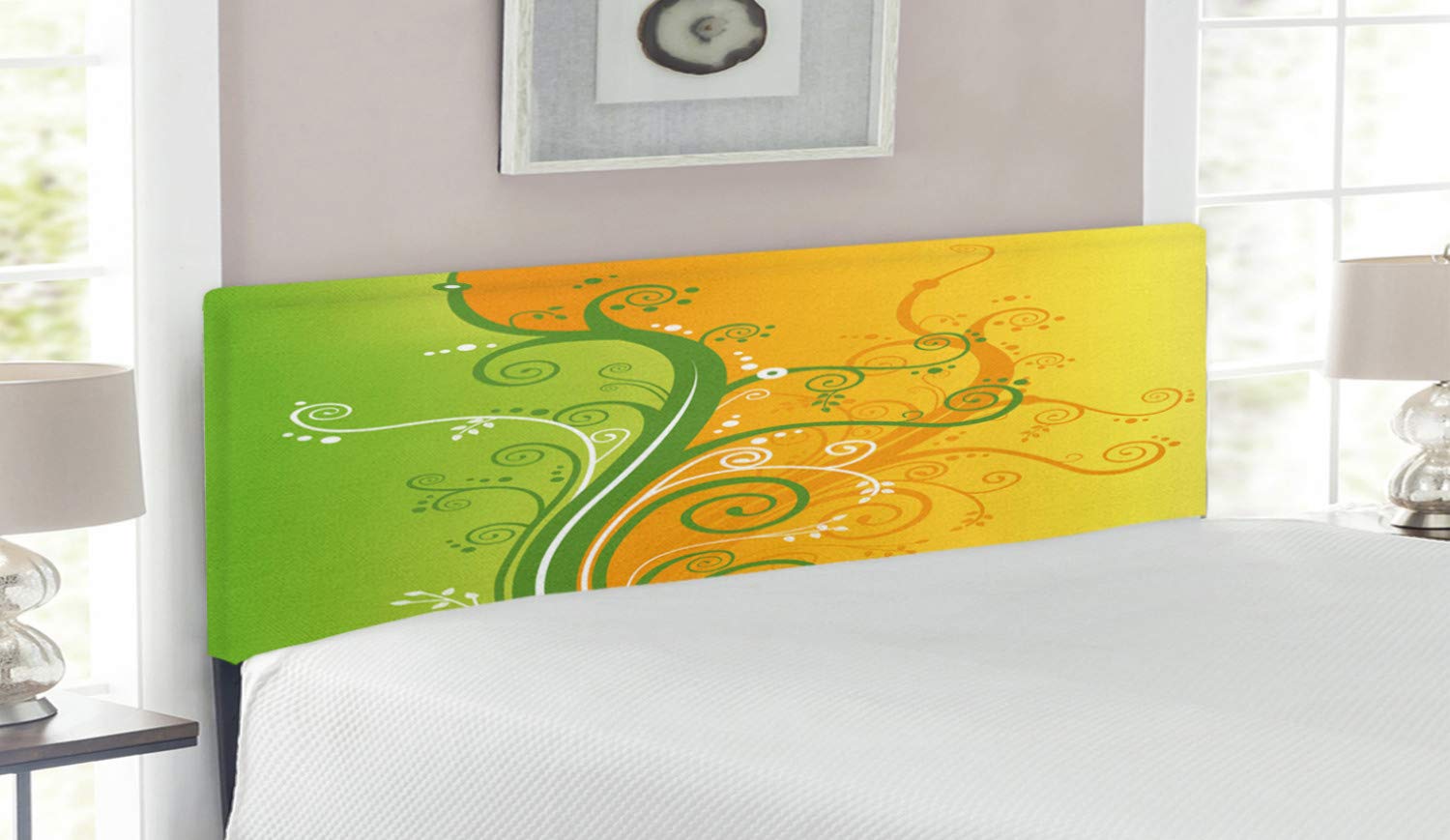 Ambesonne Modern Upholstered Headboard with Floral Swirls & Leaves Design - Queen Size Bed Headboard in Pale Green Marigold | Memory Foam Padding for Comfort | Perfect for Master Bedroom, Guest Room & Apartment Decor