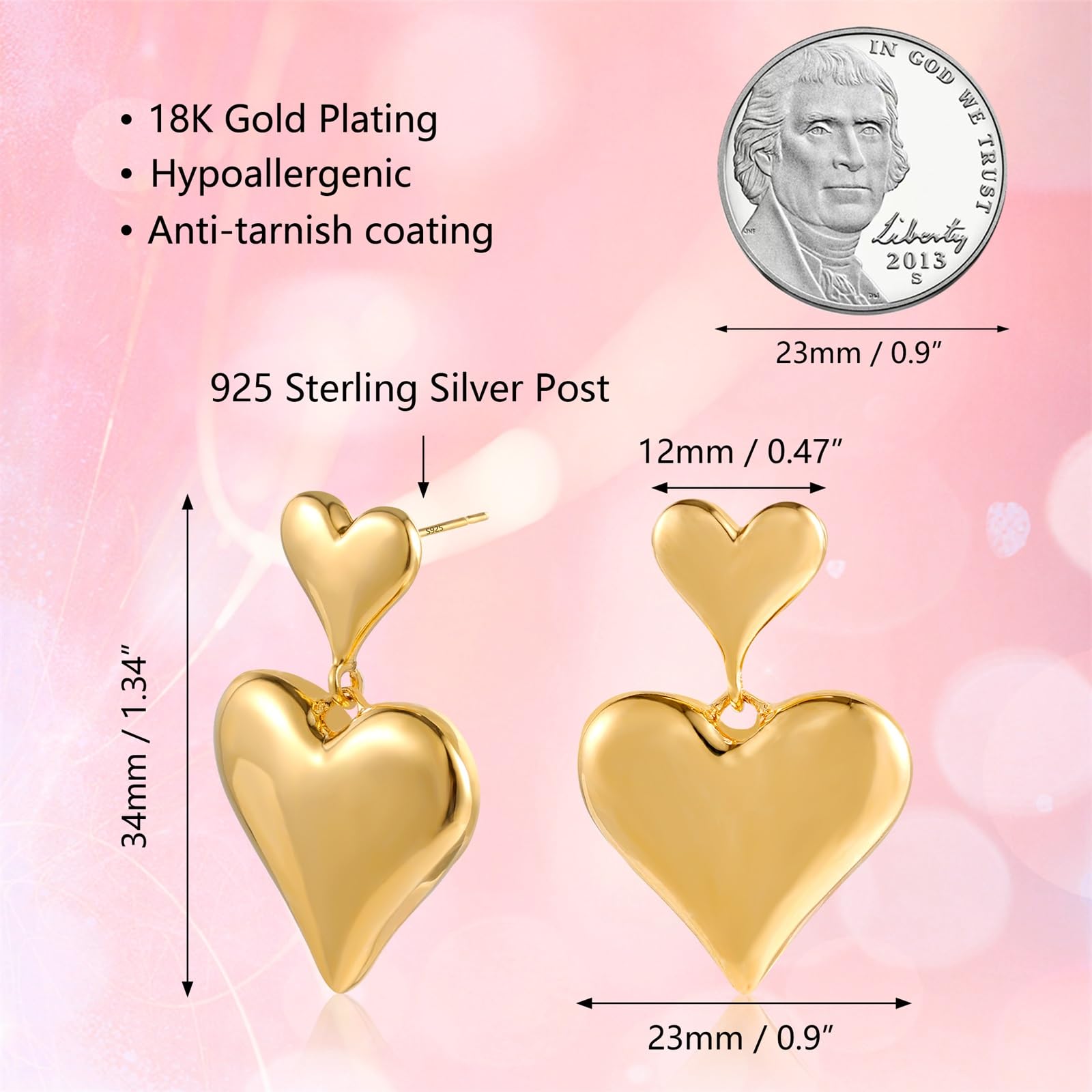 18K Gold Plated Double Heart Dangle Drop Earrings for Women - Hypoallergenic Trendy Jewelry Gift for Her - Perfect for Date Night, Parties & Special Occasions