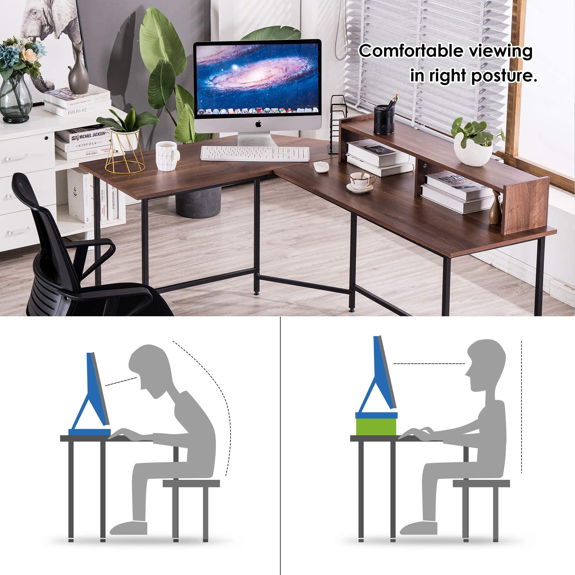 ivinta Modern L-Shaped Computer Desk with Monitor Stand - Ergonomic Gaming & Office Workstation for Small Spaces | Perfect for Home Office, Study & Writing (Model 6404)