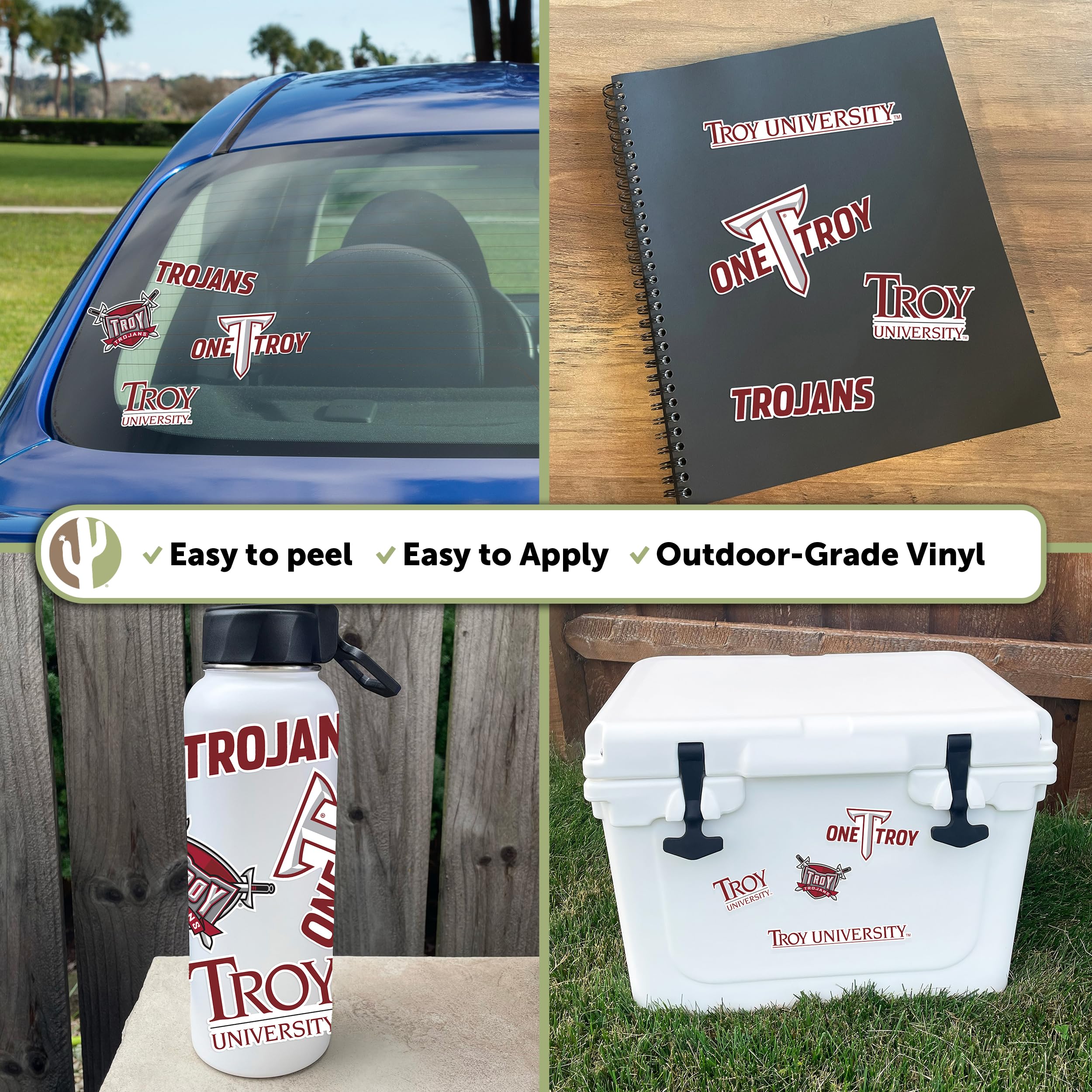 Troy University Trojans Desert Cactus Vinyl Sticker Sheet - 13.43x10.98 Inch Waterproof Decals for Laptop, Water Bottle, Car, Scrapbook (Type 2) - Perfect for College Pride, DIY Crafts & Fan Gifts