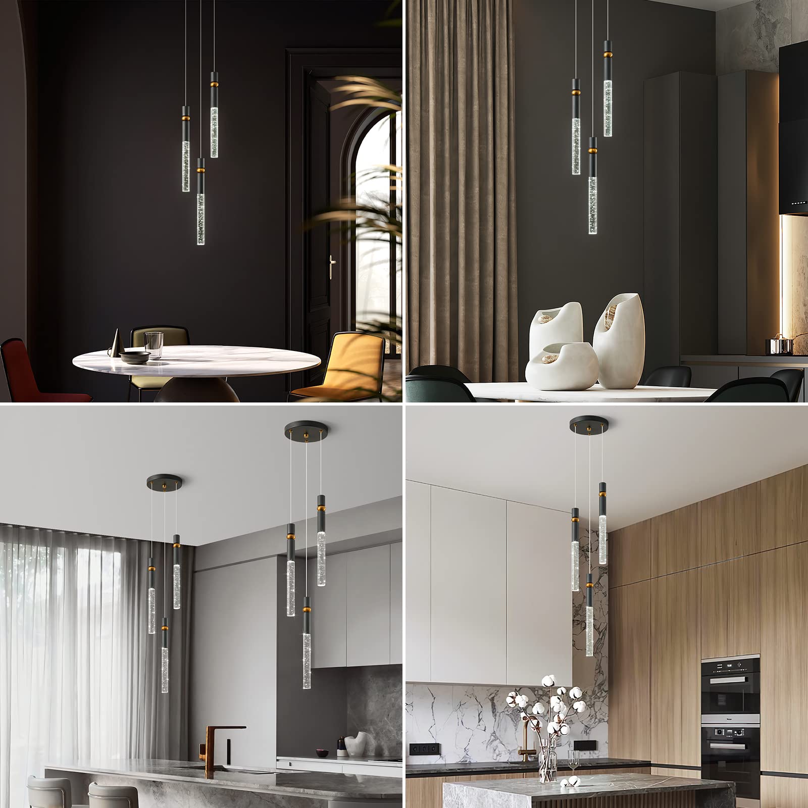 LMQNINE Modern Black Dimmable LED Mini Pendant Light with Bubble Crystal - 3-Light Kitchen Island Ceiling Fixture for Bedroom, Dining Room & Home Decor | Energy-Efficient Lighting for Stylish Interiors