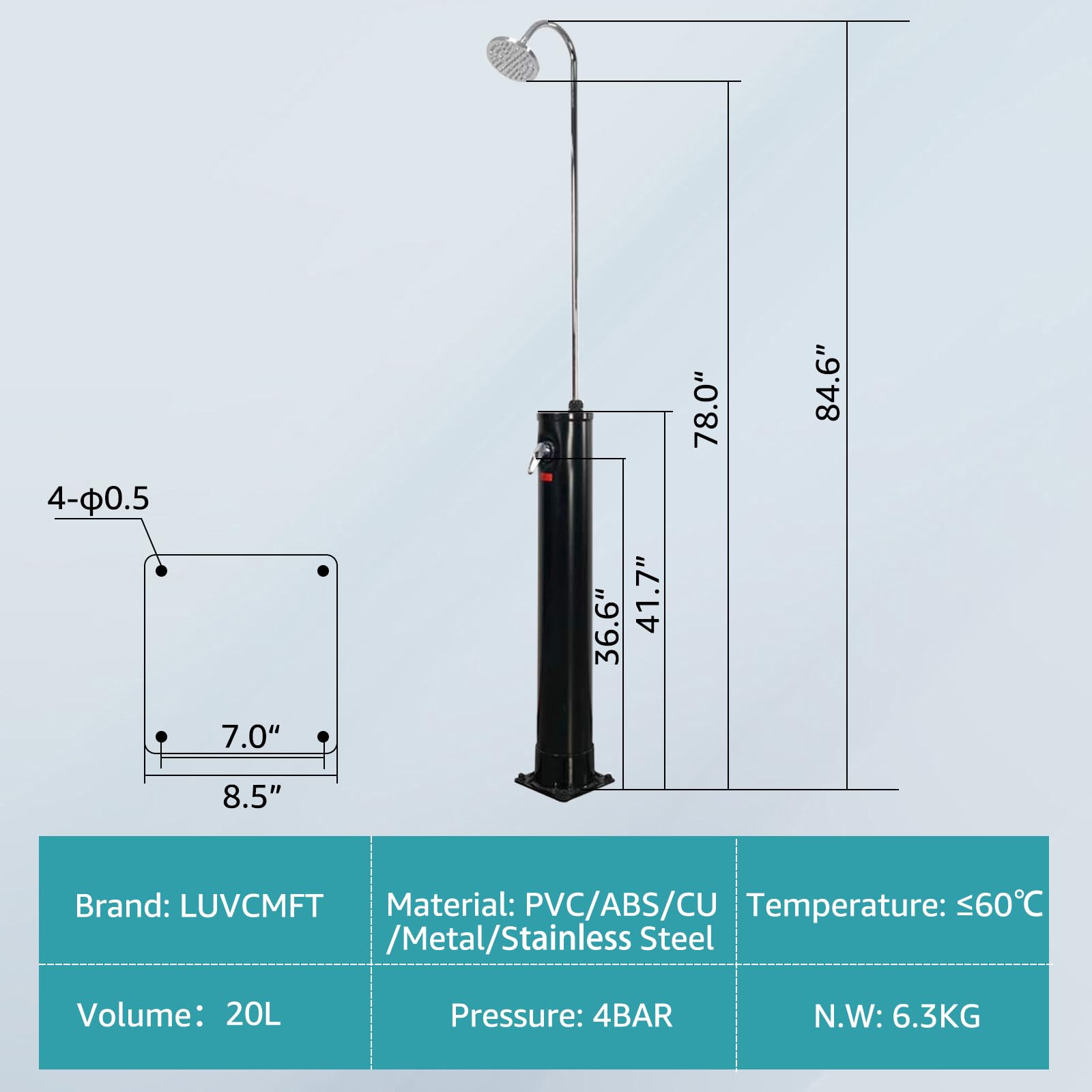 6.5 FT 5.3 Gallon Solar-Powered Outdoor Shower with Adjustable Shower Head & Foot Tap - Perfect for Pool, Backyard, Garden, Beach & Spa | Portable Hot Water Shower for Camping, RV Trips & Outdoor Adventures