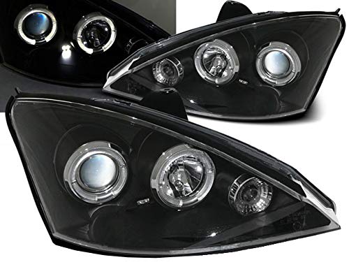 Ford Focus Headlights 1998-2001 - BR-1276 Complete Set with Angel Eyes (Driver & Passenger Side) - Black Headlight Assembly for Improved Night Driving & Style Upgrade