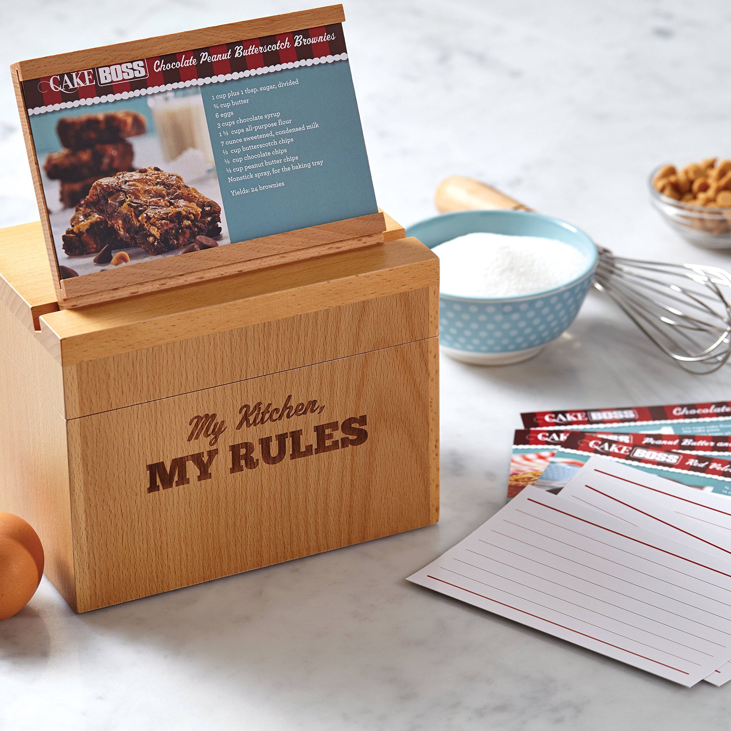 Premium Beechwood Recipe Box with 'My Kitchen, My Rules' Engraving - Cake Boss Countertop Organizer for Baking Recipes & Kitchen Storage - Perfect for Home Cooks, Bakers & Gift Giving