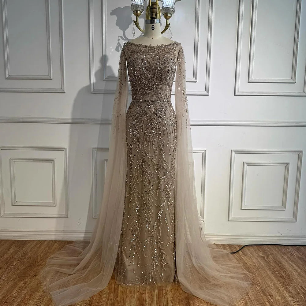 Elegant Beaded Caramel Evening Gown with Cape Sleeves - LA73078 | Perfect for Formal Events, Galas & Red Carpet Occasions