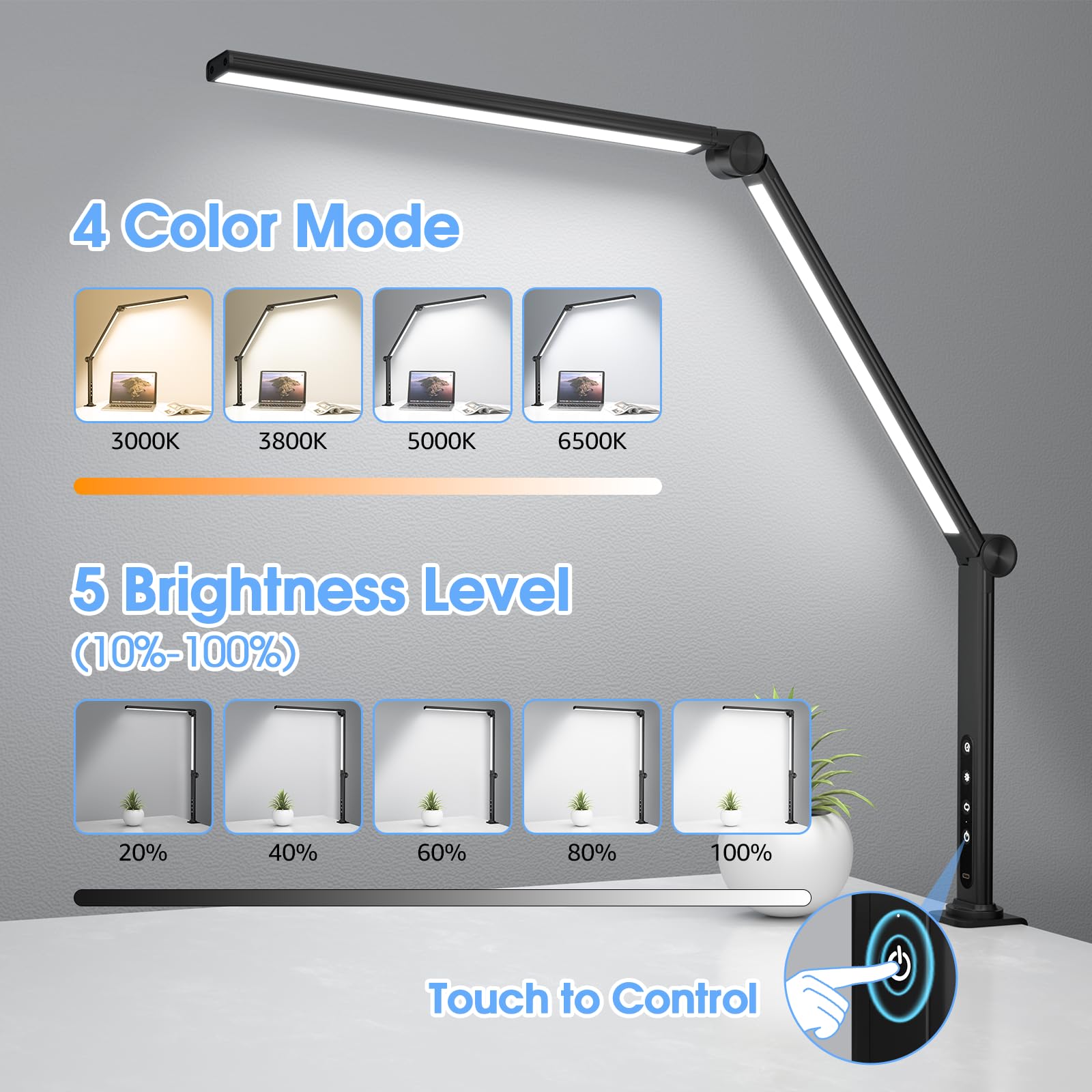 ShineTech LED Architect Desk Lamp with Clamp - Dual Light Sources, 4 Color Temperatures & 5 Brightness Levels - Modern Adjustable Office Table Light for Home, Study, Reading & Workstation Use