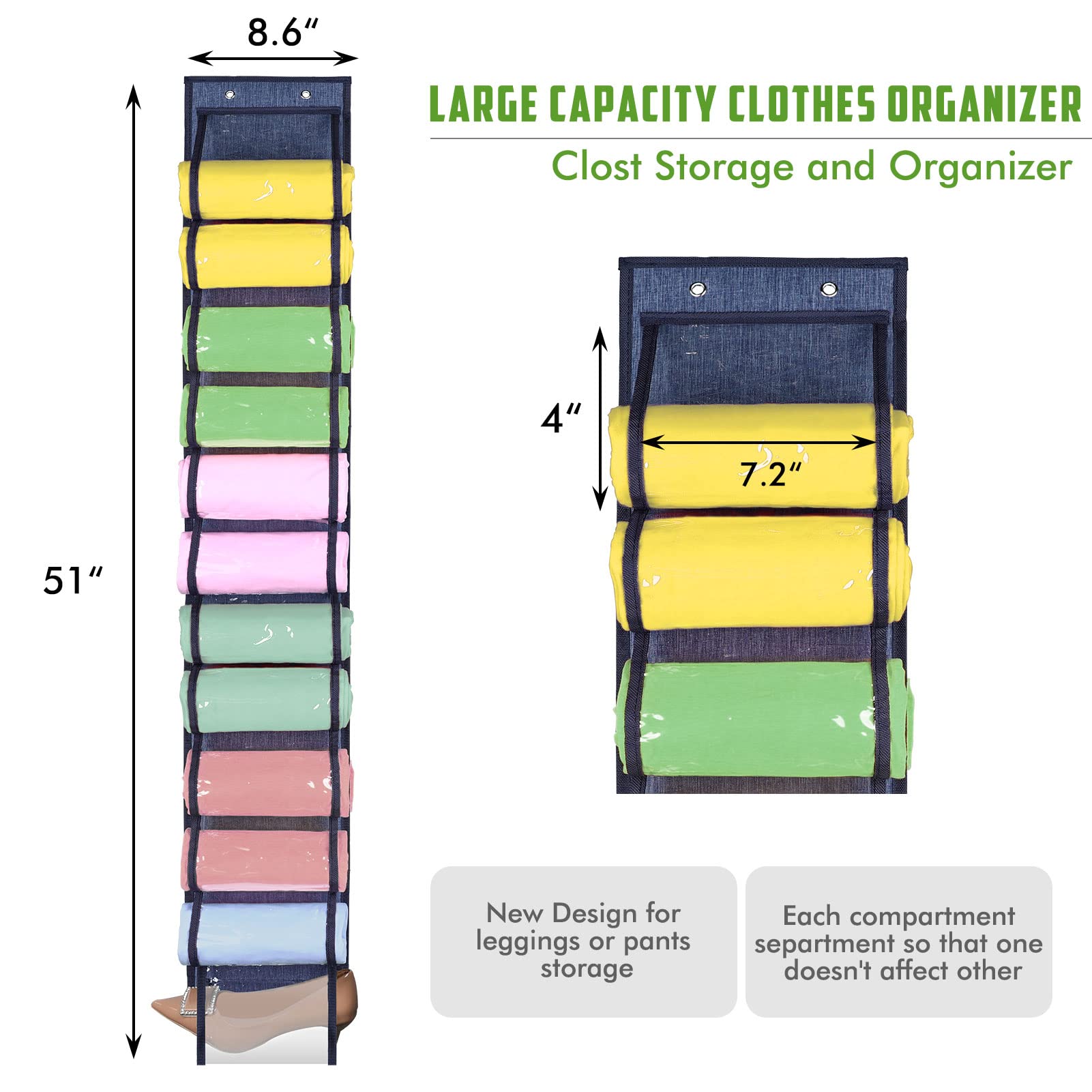 Space-Saving Legging Organizer with 24 Compartments - Closet Storage for T-Shirts, Pants & Purses | Blue | Perfect for Small Closets & Travel Packing