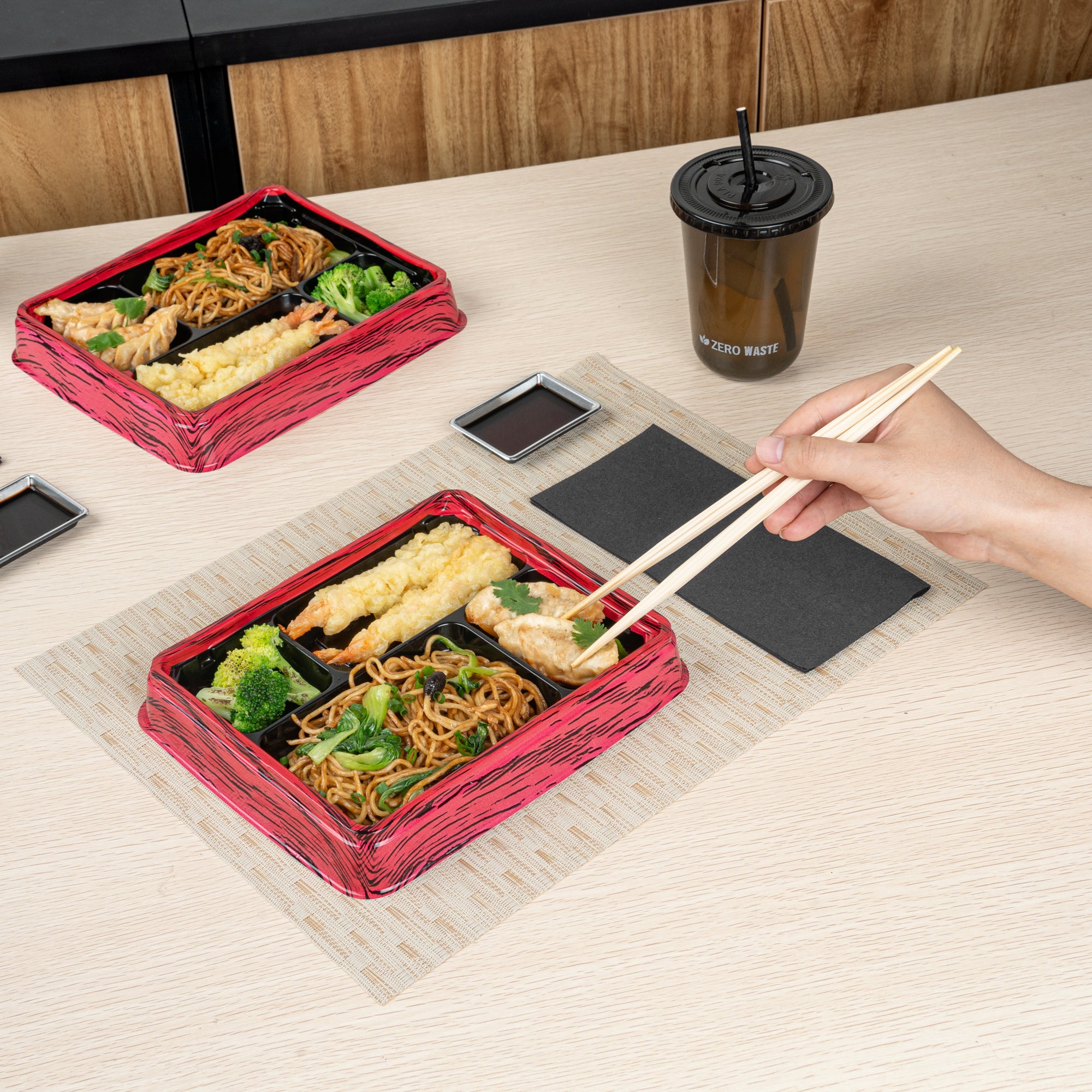 Bento Tek 15 oz Rectangle Red and Black Plastic Bento Box with 4 Compartments | 8.75