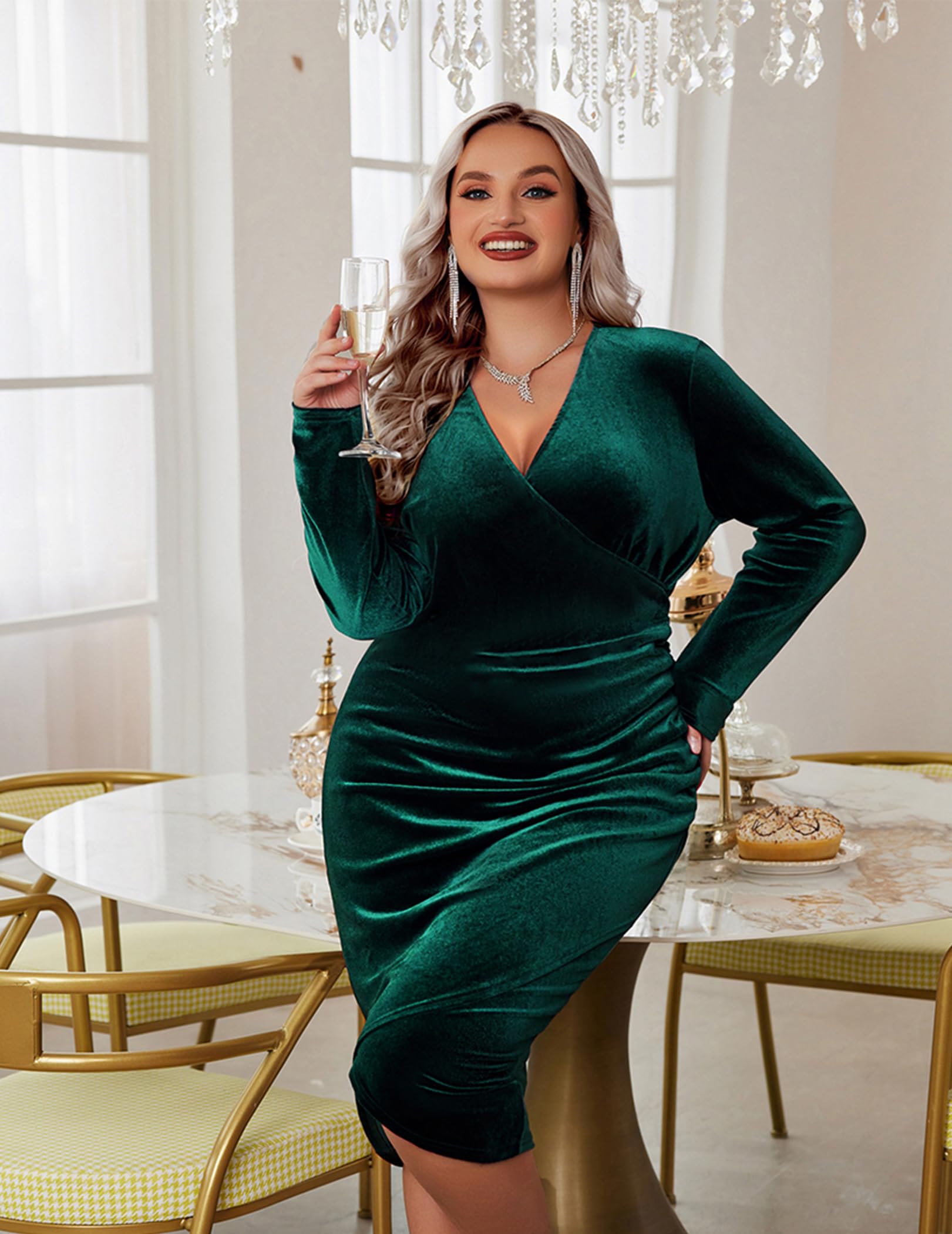 IN'VOLAND Women's Plus Size Long Sleeve Velvet Bodycon Dress - Ruched Wrap V-Neck Cocktail Party Dress for Holiday, Christmas, Wedding & Evening Events