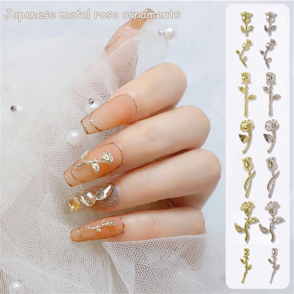 10pcs Luxury Metal Rose Flower Nail Art Decorations - Gold & Silver DIY Nail Jewelry with Rhinestones (K2619) for Bridal, Party, and Special Occasion Nail Designs