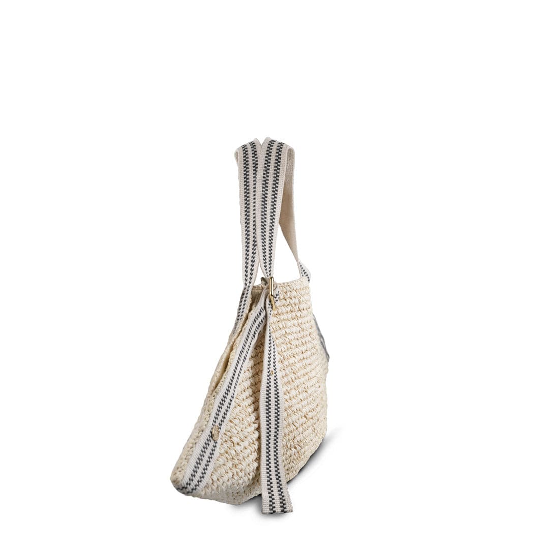Stylish Raffia Shoulder Bag for Women - Black & Cream Striped Design - Perfect for Beach, Vacation, and Summer Outfits