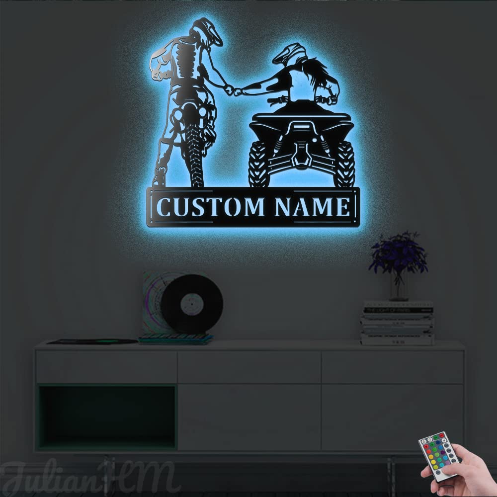 Custom Family Dirt Bike & ATV Metal Wall Art with LED Lights - Personalized Motocross Name Sign for Couples - 12x12 Inch Home Decor for Living Room, Bedroom or Man Cave - Perfect Gift for Bikers & Off-Road Enthusiasts