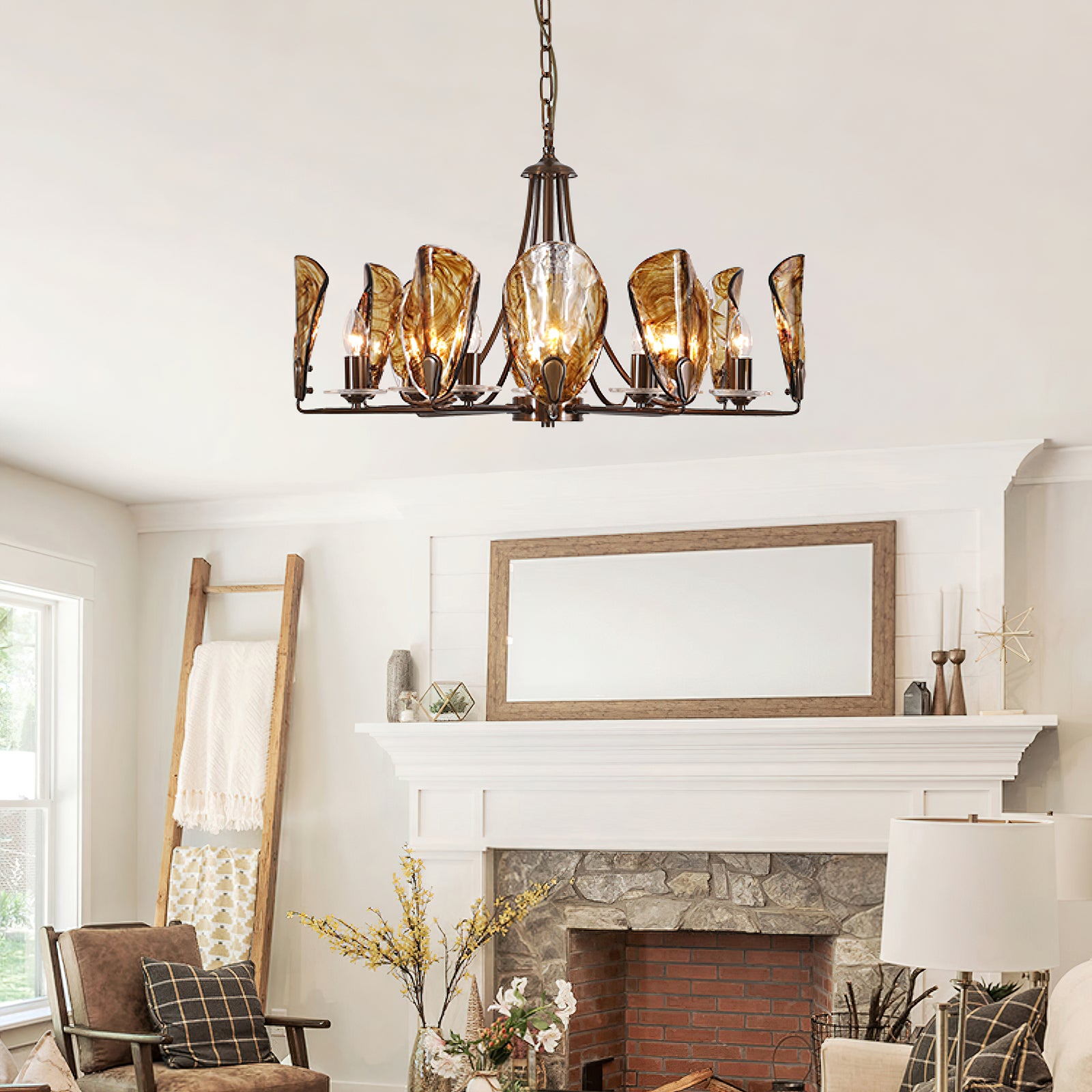 Amber Shell Chandelier - Elegant Coastal Lighting Fixture for Beach House, Dining Room, or Bedroom Decor | Handcrafted Seashell Pendant Light with Warm Glow