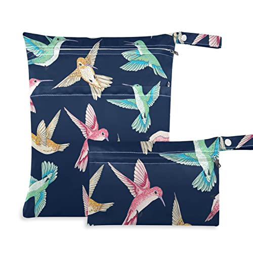 2 Pack Colorful Hummingbird Waterproof Wet Dry Bags - Reusable Travel Beach Pool Storage for Swimsuits, Gym Clothes, Diapers & Toiletries - Perfect for Strollers, Daycare & Outdoor Activities