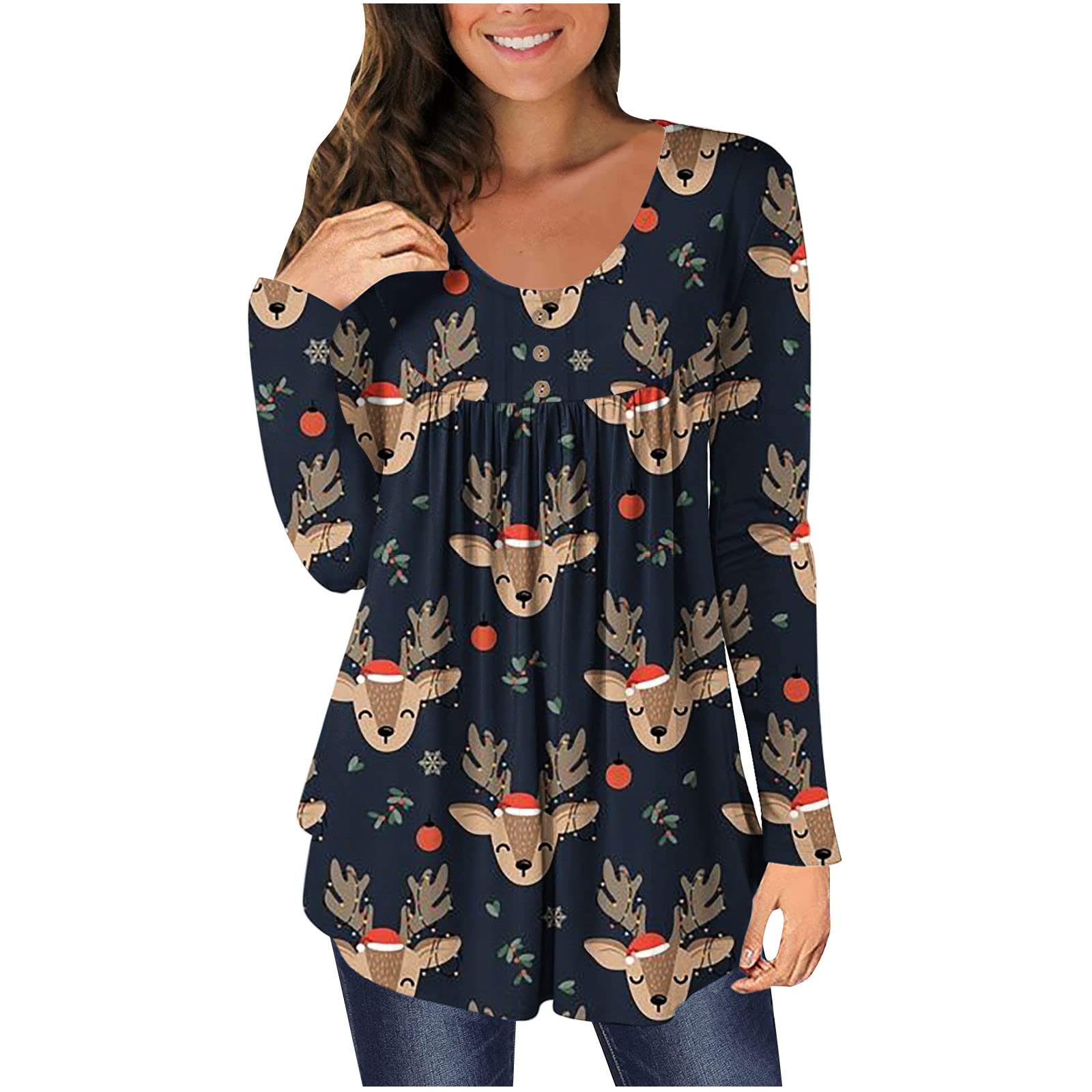 Christmas T-Shirts for Women - Casual Holiday Printed Pullover Long Sleeve Button-Up Blouse | Perfect for Office Parties, Family Gatherings & Festive Outfits