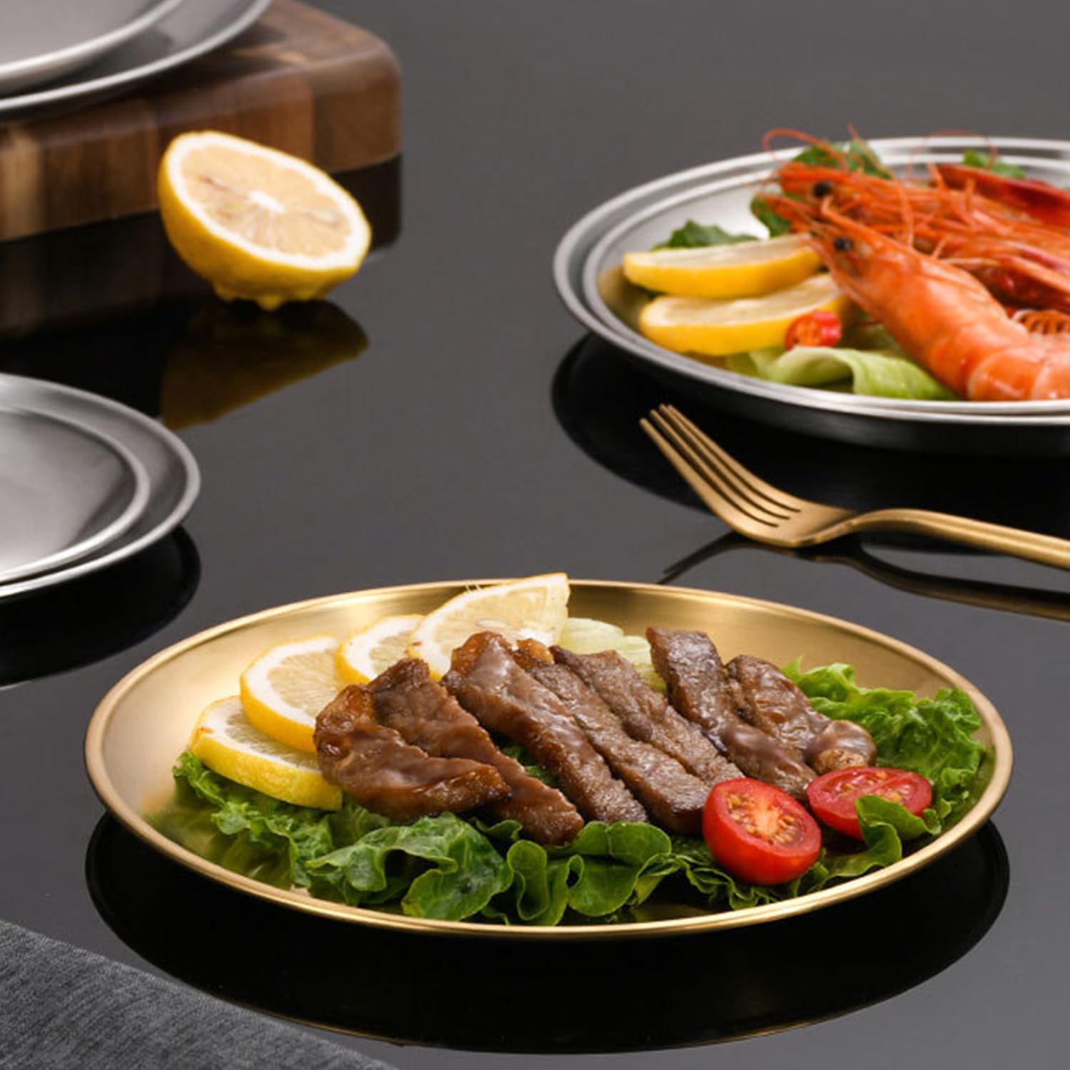 Stainless Steel 304 Gold Dinner Plates 10inch 4Pcs - Unbreakable for BBQ, Camping & Party