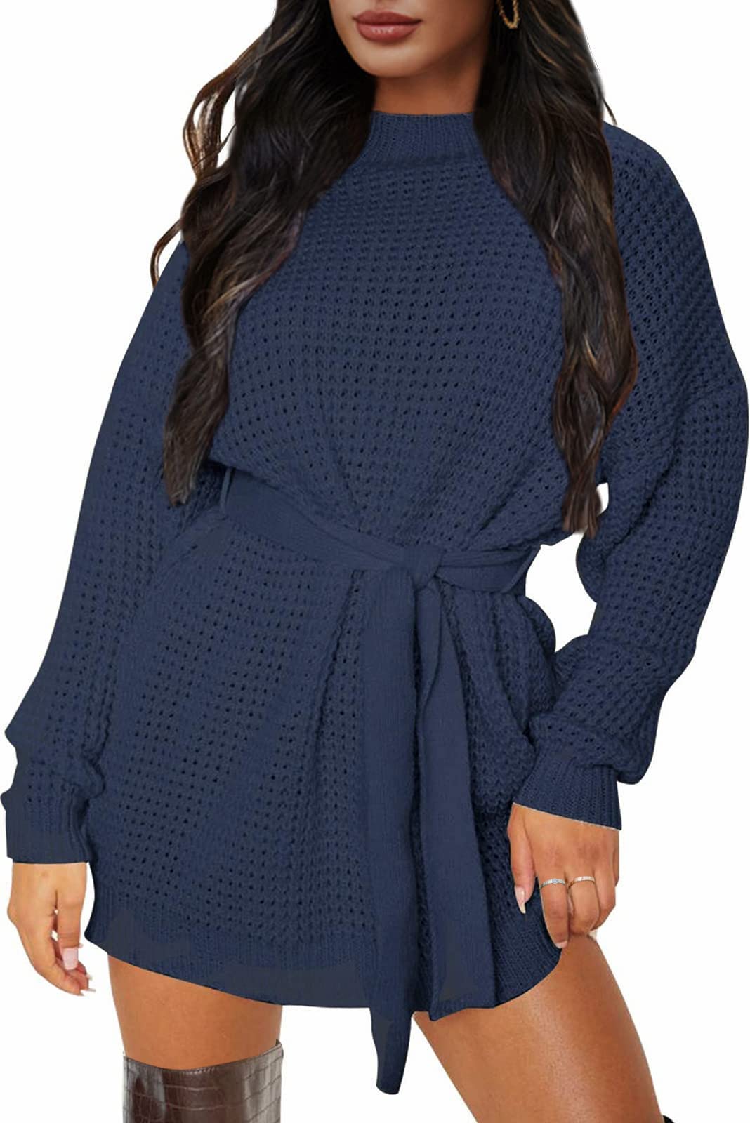 ZESICA Women's Long Sleeve Waffle Knit Tie Waist Tunic Sweater Dress - Fall Winter Pullover Casual Outfit for Work, Date Night & Holiday Season