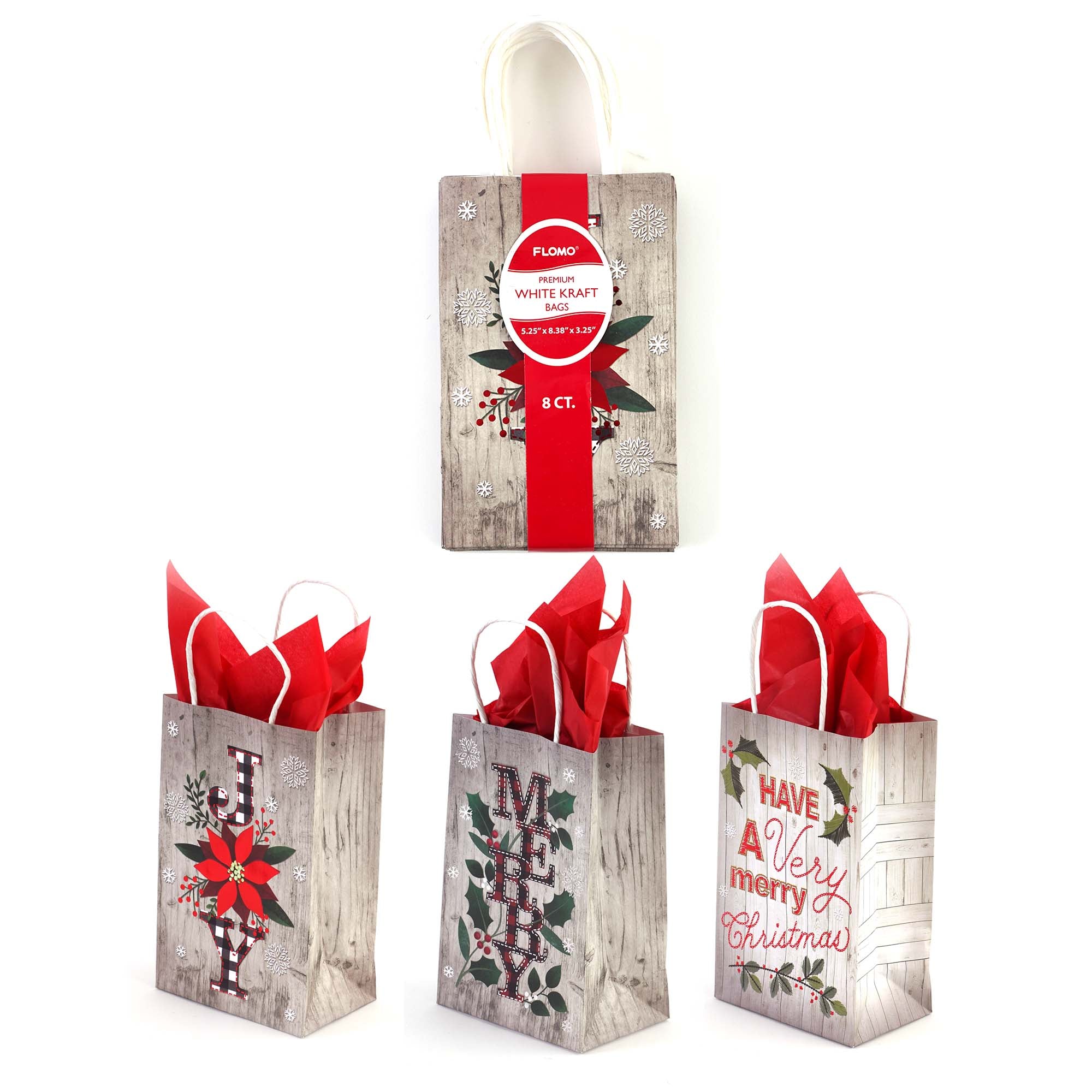 8-Pack Narrow Medium Hot Stamp Christmas Plaid Kraft Gift Bags - 3 Festive Designs for Holiday Presents, Party Favors & Stocking Stuffers
