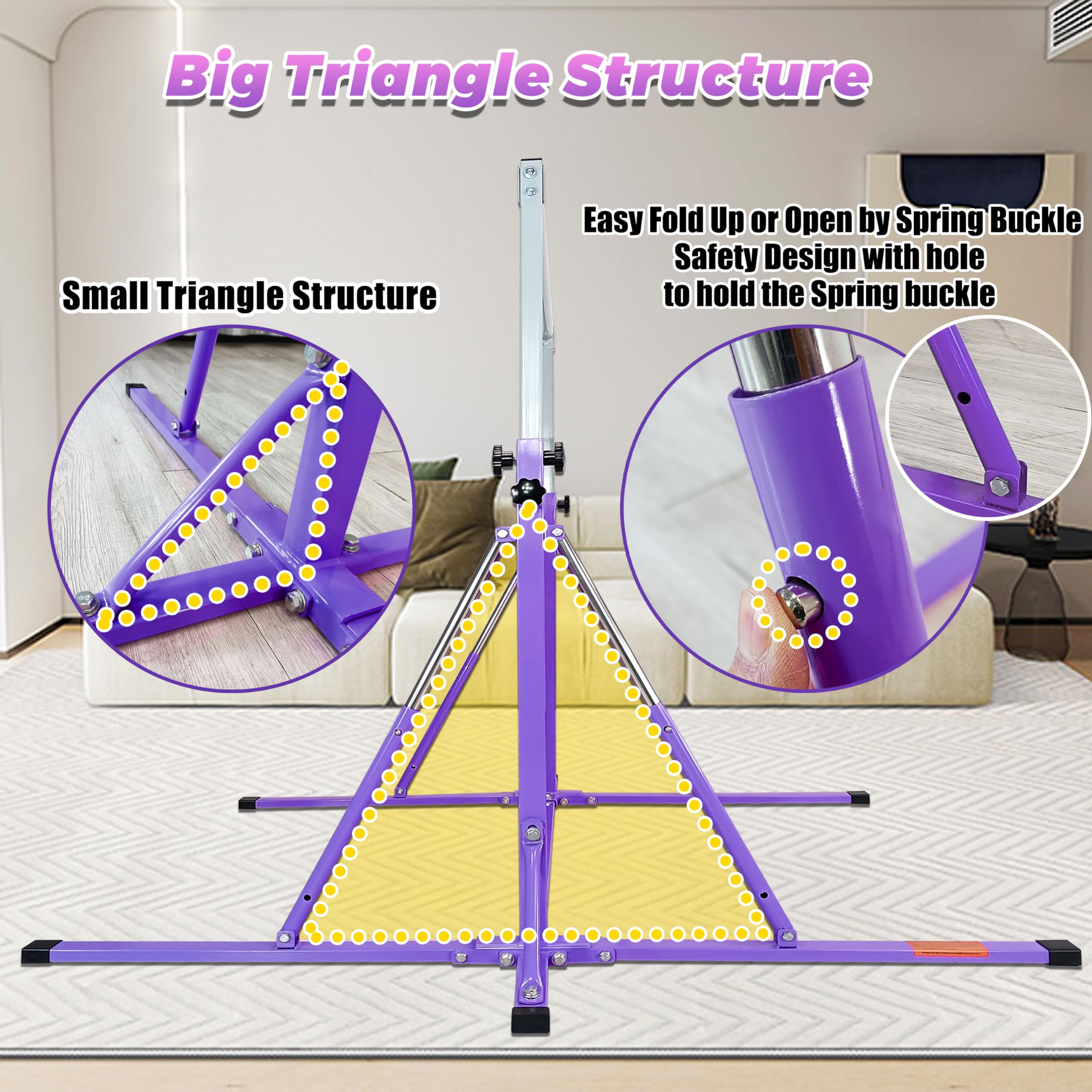 Foldable Gymnastics Bar for Kids Ages 3-15 | 5FT Adjustable Horizontal Training Bar with Triangle Stable Structure | Home Gym Equipment for Indoor Gymnastics Practice, Strength Training & Playtime