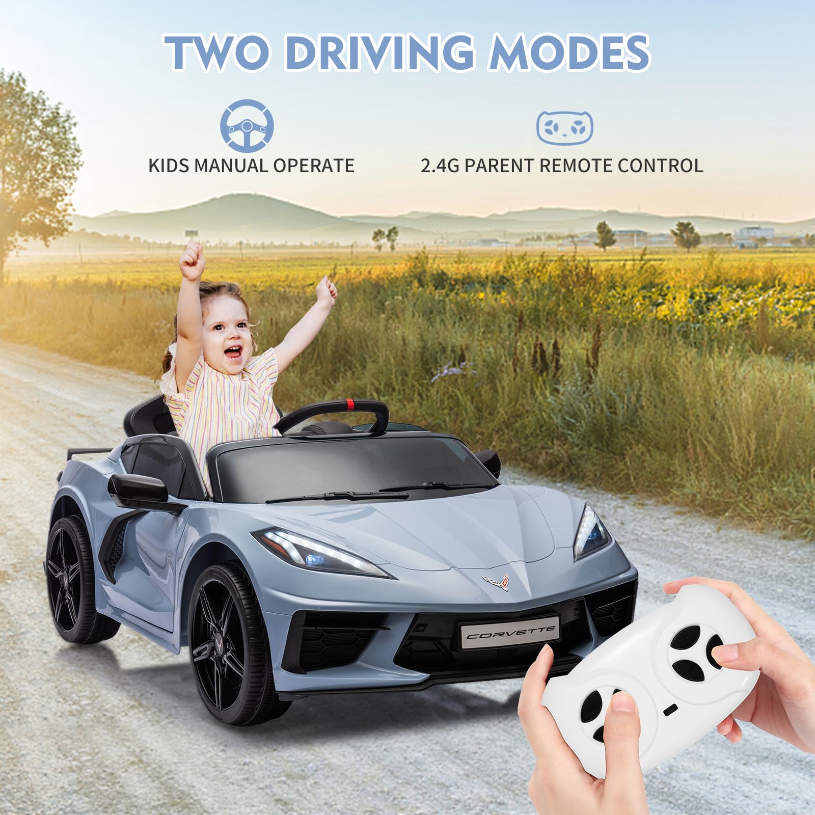 12V Licensed Corvette Kids Ride On Car - Battery Powered Electric Toy Car with Remote Control, LED Lights, Music & Visual Dashboard - Perfect Gift for Boys & Girls (Light Blue) | Indoor & Outdoor Play, Birthday & Holiday Gifts