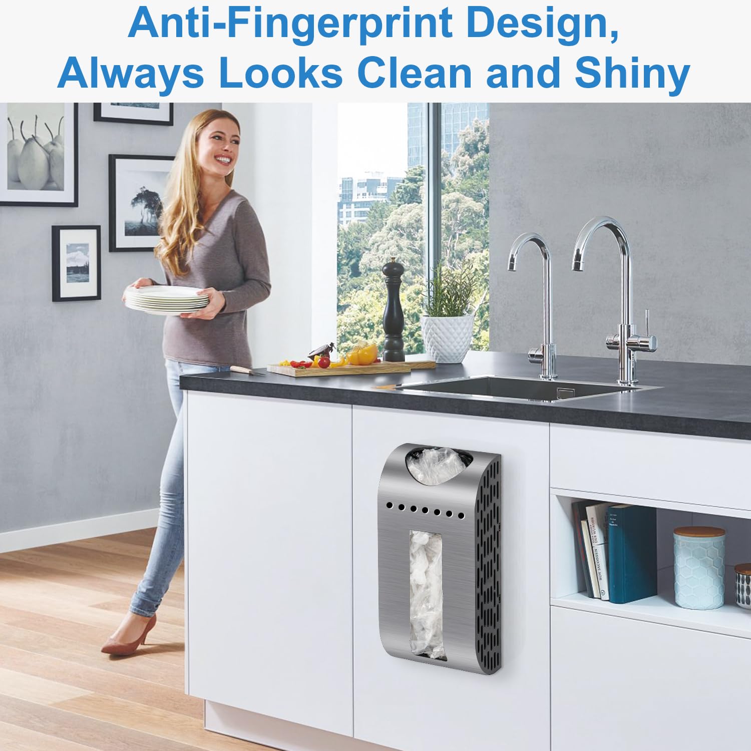 Wall Mount Grocery Bag Holder - Space Saving Plastic Bag Dispenser with Anti-Fingerprint Brushed Silver Finish - Perfect for Kitchen Cabinet, Cupboard & Pantry Organization - Ideal for Storing Shopping Bags, Trash Bags & Recycling Bags