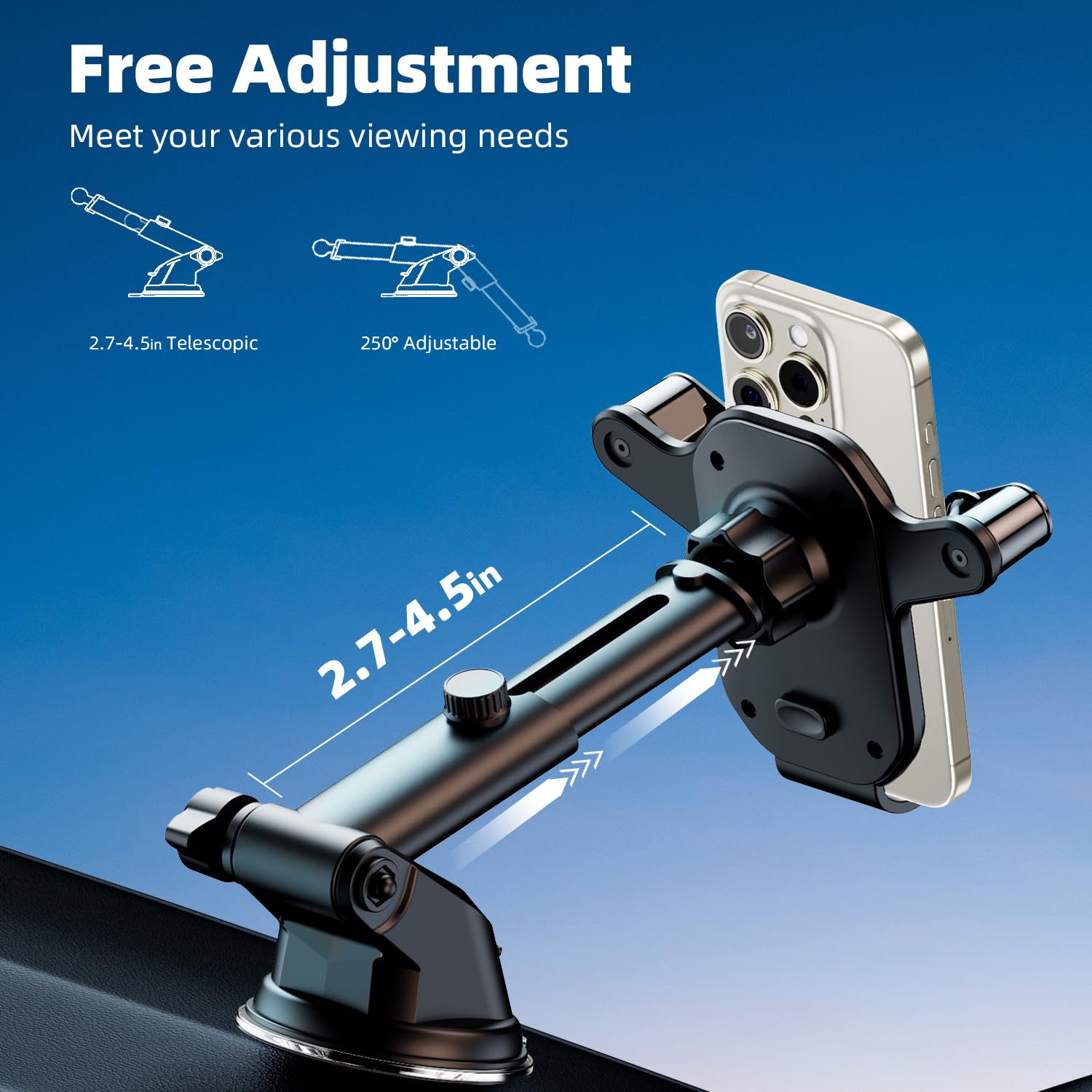 Universal Car Phone Mount Holder with Gravity Lock - Strong Suction Cup & Adjustable Arm for Dashboard/Windshield/Desk - Fits All Smartphones (iPhone, Samsung, etc.) - Perfect for Driving, Navigation & Hands-Free Calls