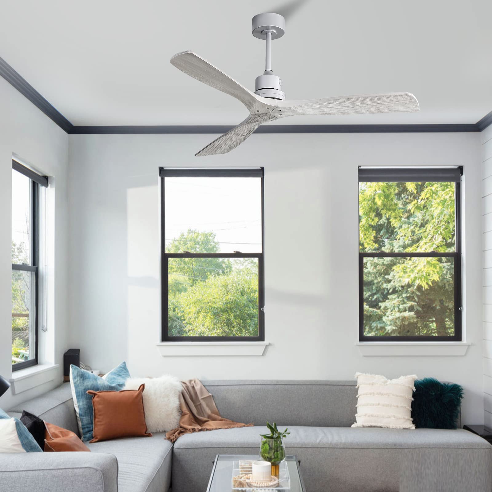 52 Inch Modern Solid Wood Ceiling Fan with Remote - 5000CFM High Airflow, Quiet DC Motor, 6 Speeds & Timer - White ETL Certified - Perfect for Bedroom, Living Room & Office Spaces