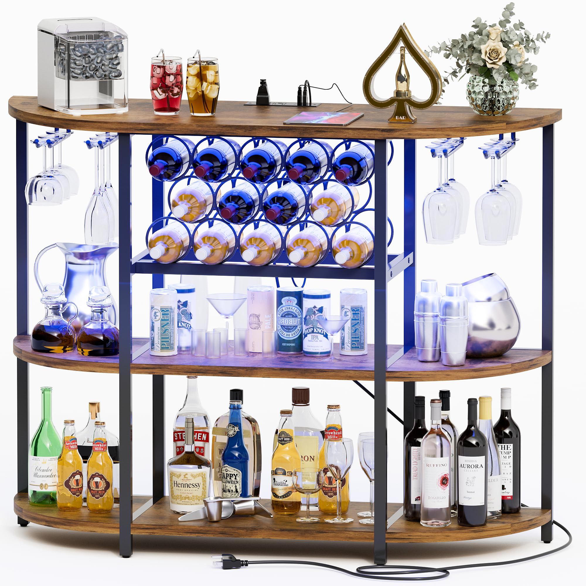 Furmax 4-Tier Freestanding Wine Bar Cabinet with LED Lights & Power Outlet - Modern Liquor Storage Cabinet with Glass Holder for Home Bar, Kitchen, Dining Room & Entertainment Spaces