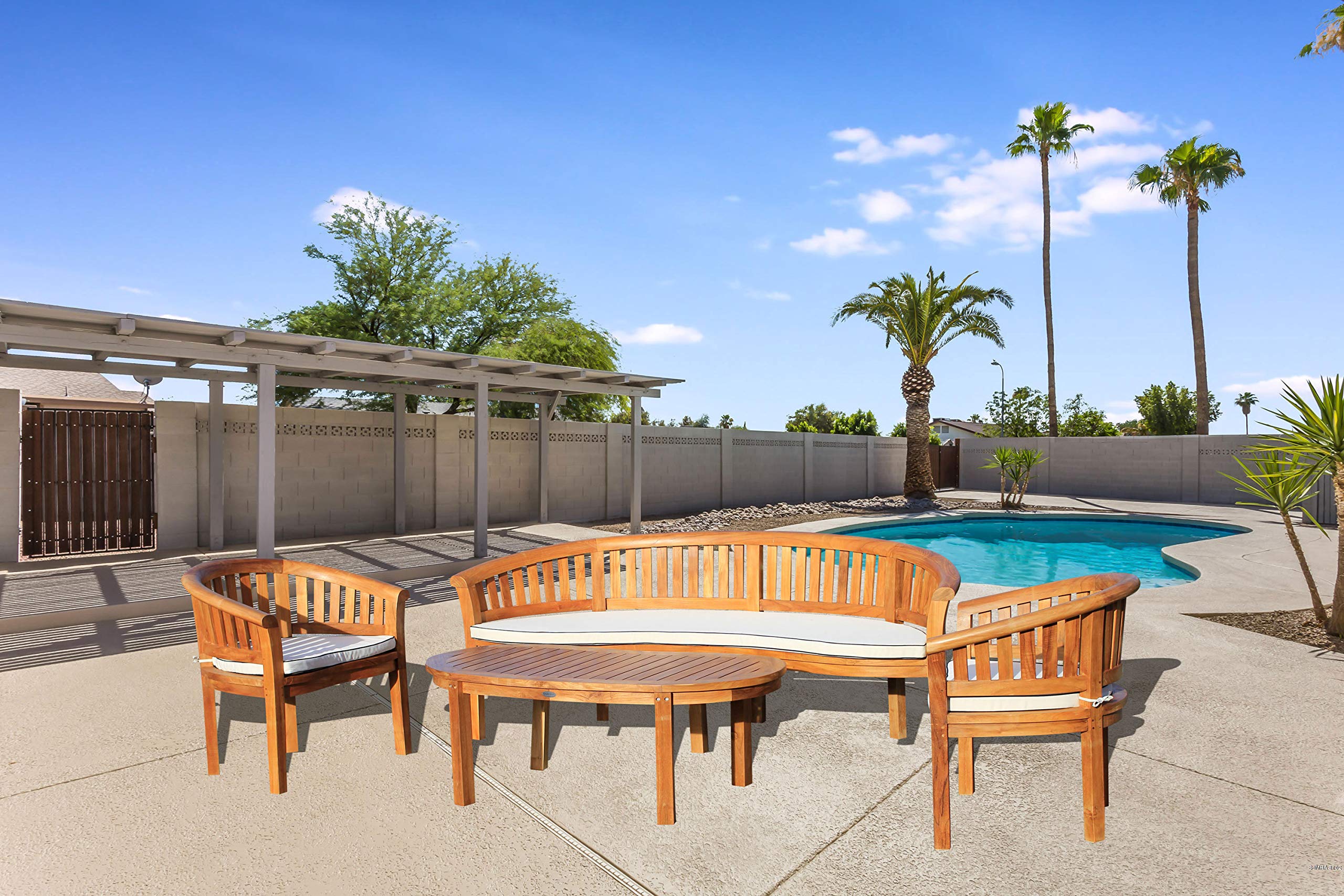 Premium 4-Piece Teak Wood Outdoor Patio Lounge Set - Triple Bench, 2 Chairs & Coffee Table - Solid A-Grade Teak Furniture for Garden, Poolside & Backyard Relaxation