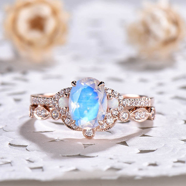Natural Rainbow Moonstone & Moissanite Oval Bridal Engagement Ring Set - Perfect for Proposals, Weddings, and Anniversary Gifts