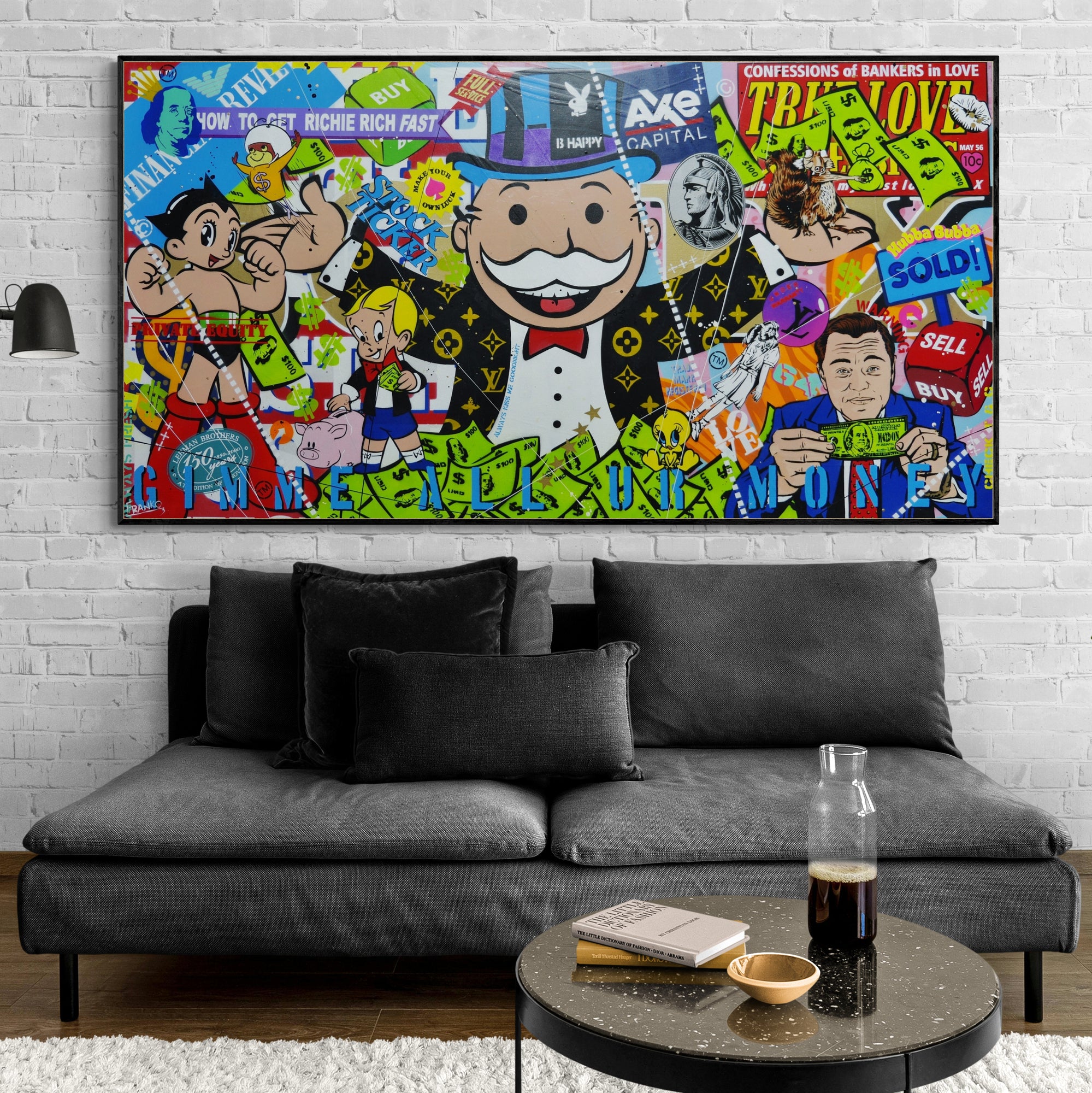 Money Master 190cm x 100cm Monopoly Man Textured Urban Pop Art Canvas - Large Wall Art for Living Room, Office Decor - Modern Spray Paint Painting for Gamers & Art Collectors