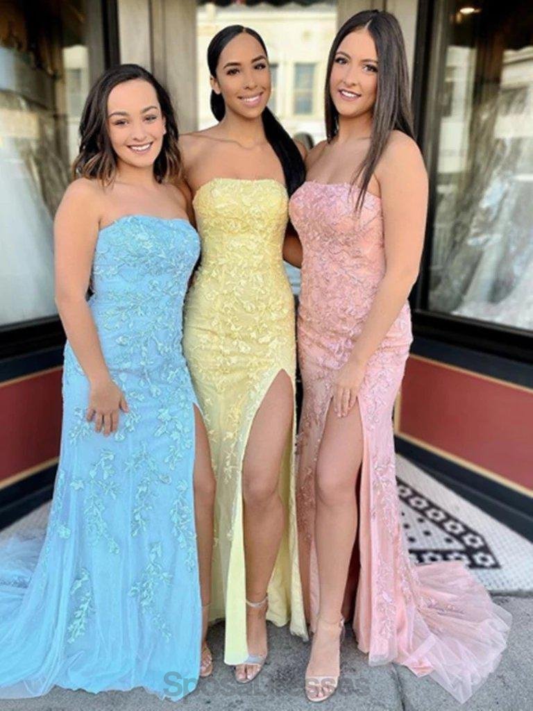 Elegant Lace Mermaid Strapless Side Slit Evening Prom Dress - Formal Gown for Homecoming, Wedding, Party | Style 12140