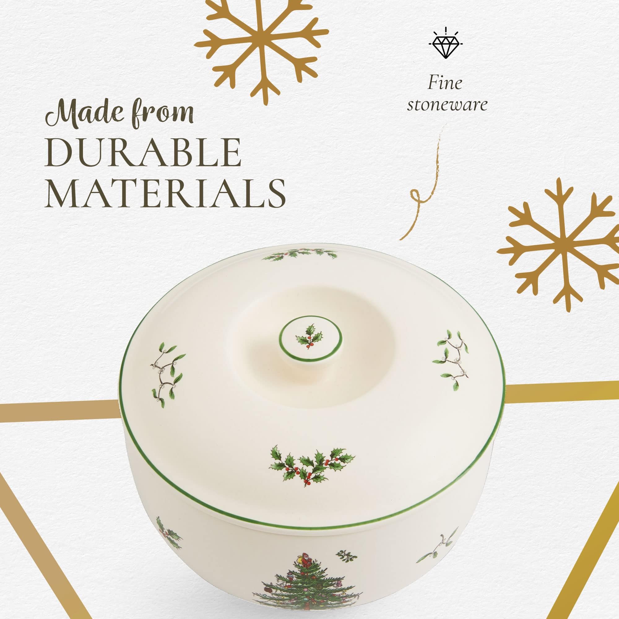 Spode Christmas Tree 1 Quart Round Casserole Dish with Lid - Stoneware Baking Dish for Holiday Desserts, Casseroles & Side Dishes - Oven, Microwave & Dishwasher Safe - Festive Holiday Serveware for Christmas Dinner, Thanksgiving & Family Gatherings