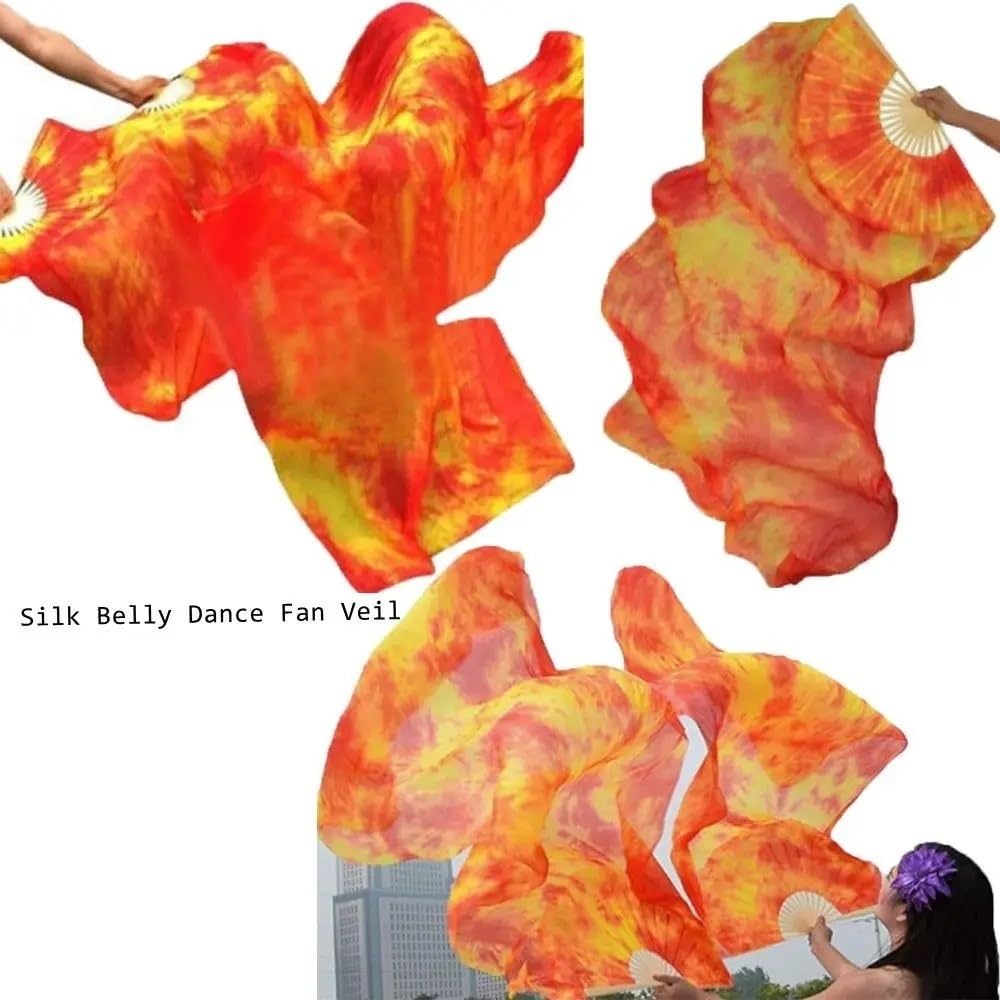 Authentic Silk Belly Dance Fan Veils - 1.8m/5.91ft Long Tie-Dyed Bamboo Fans for Women | Professional Belly Dancing Accessories | Perfect for Performances, Costume Parties & Dance Practice