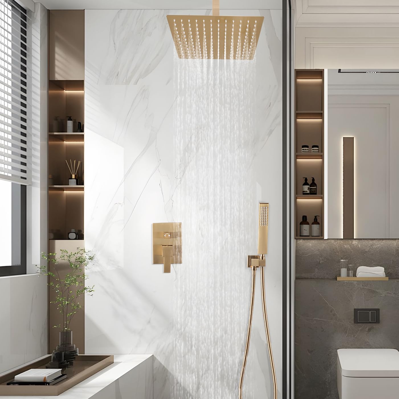 SKOWLL Brushed Gold Shower System - 8 Inch High Pressure Rainfall Shower Head with Brass Handheld Spray, Valve Body & Trim Kit | Luxury Bathroom Upgrade for Spa-Like Experience