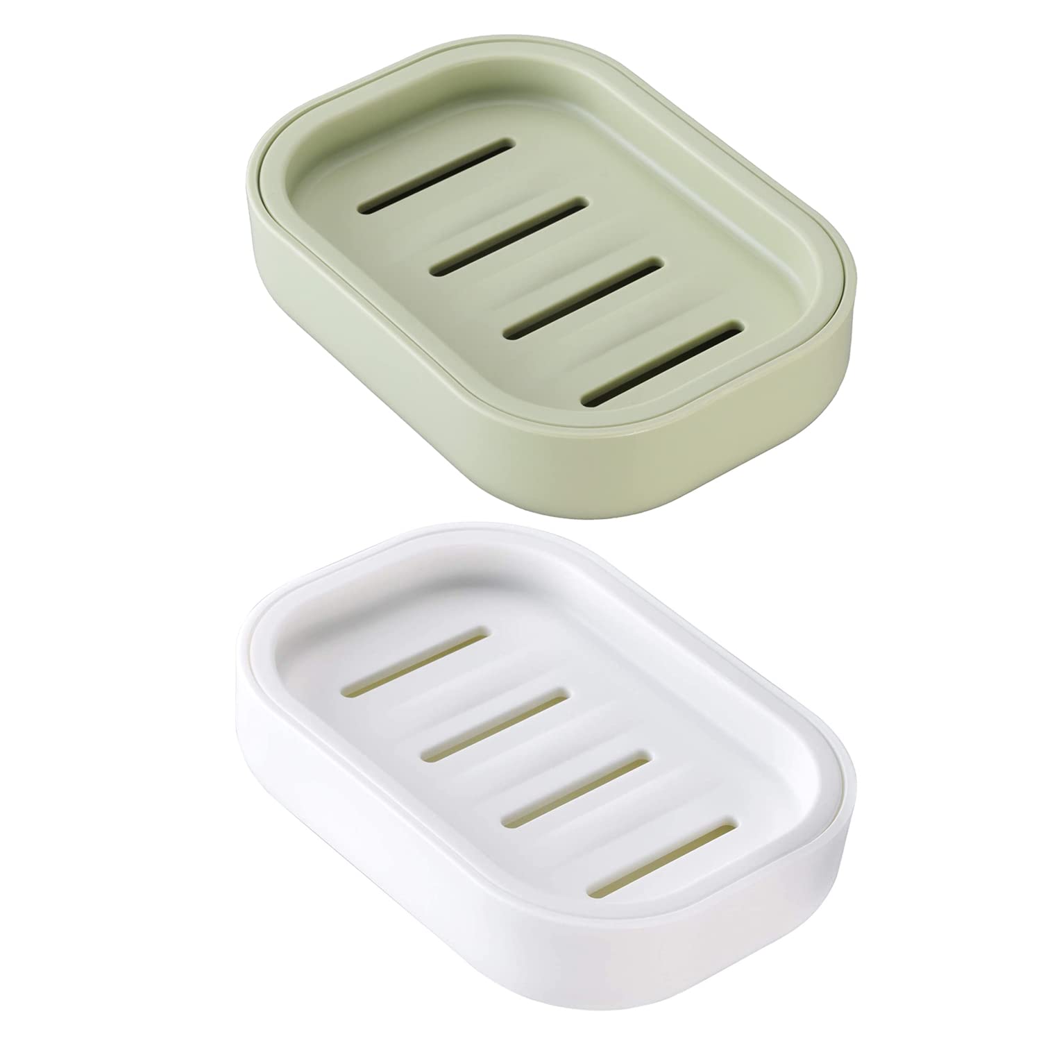 2-Pack Plastic Soap Dish with Drain Holes - Double Layer Shower Soap Holder, Bathroom Soap Container for Bar Soap Storage (White & Green) | Perfect for Showers, Bathtubs, and Sink Countertops