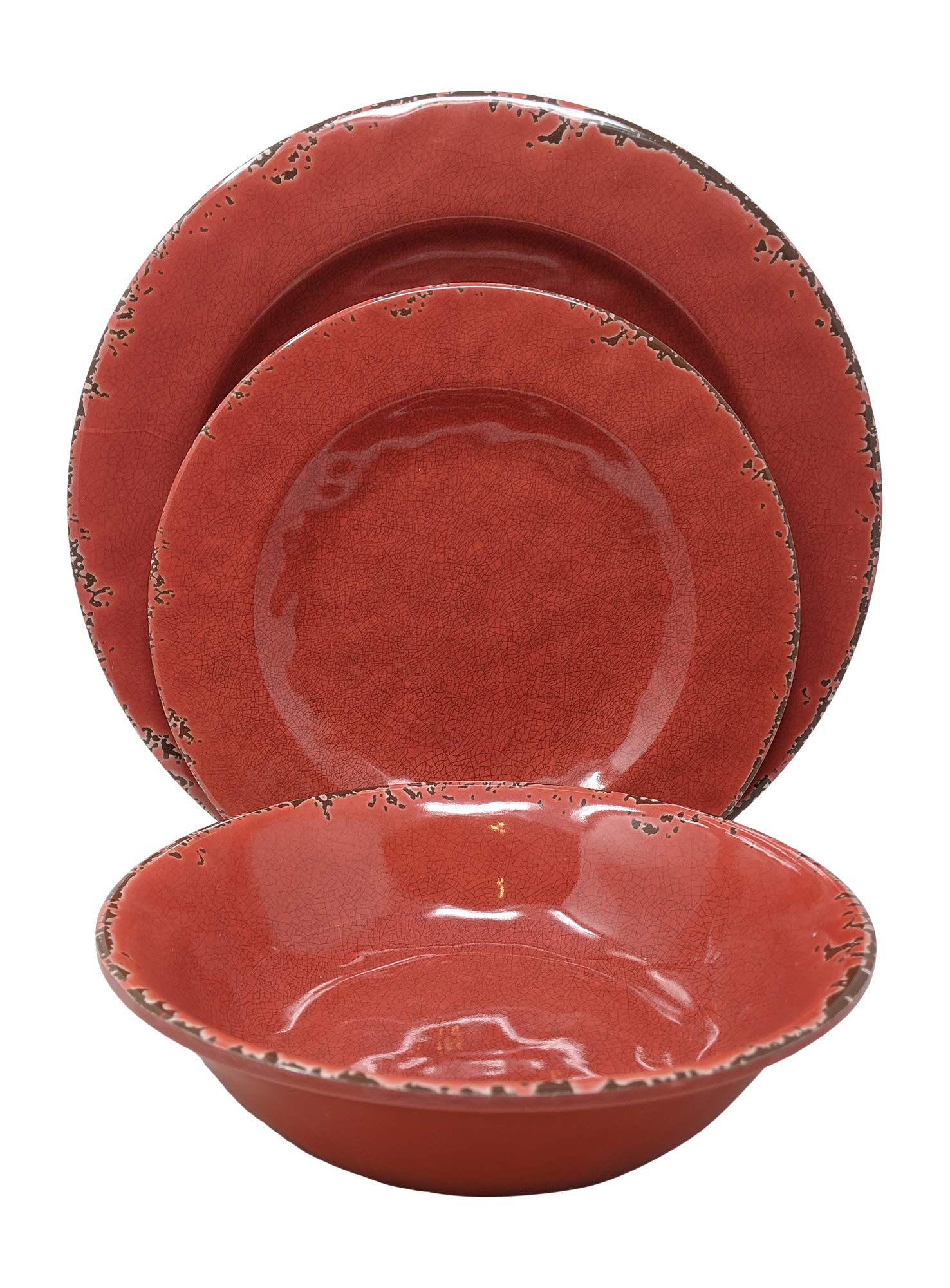 Gianna's Home 12-Piece Rustic Farmhouse Melamine Dinnerware Set - Durable & Stylish Tableware for 4, Dishwasher Safe (Red) - Perfect for Outdoor Dining, Picnics, and Everyday Family Meals