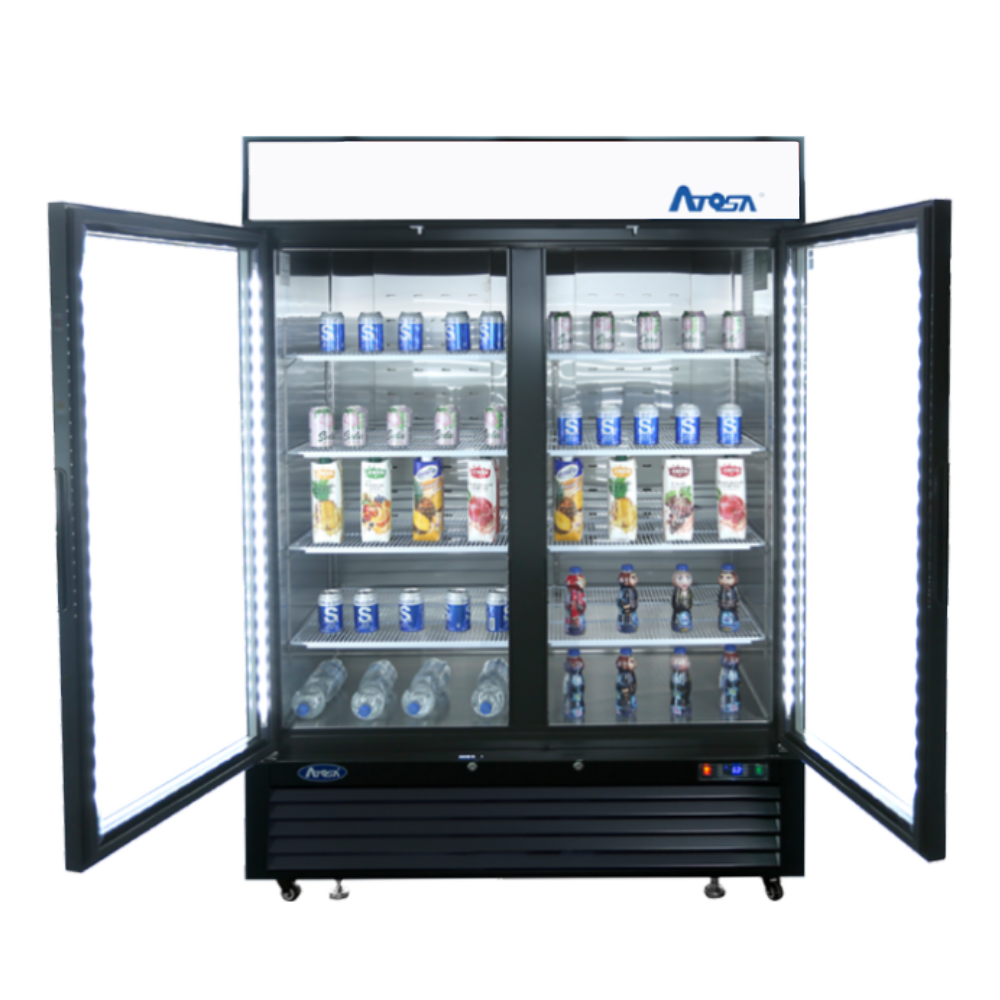 Atosa 39 Inch Commercial Merchandiser Refrigerator - 2 Glass Doors, Black Exterior - Perfect for Restaurants, Cafes, and Convenience Stores