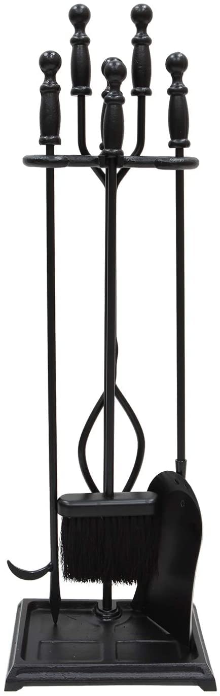 Westminster 5-Piece Black Fireplace Tool Set - Heavy Duty Steel Fireplace Poker, Shovel, Broom & Stand - Perfect for Indoor/Outdoor Fire Pits, Fireplaces & Wood Stoves