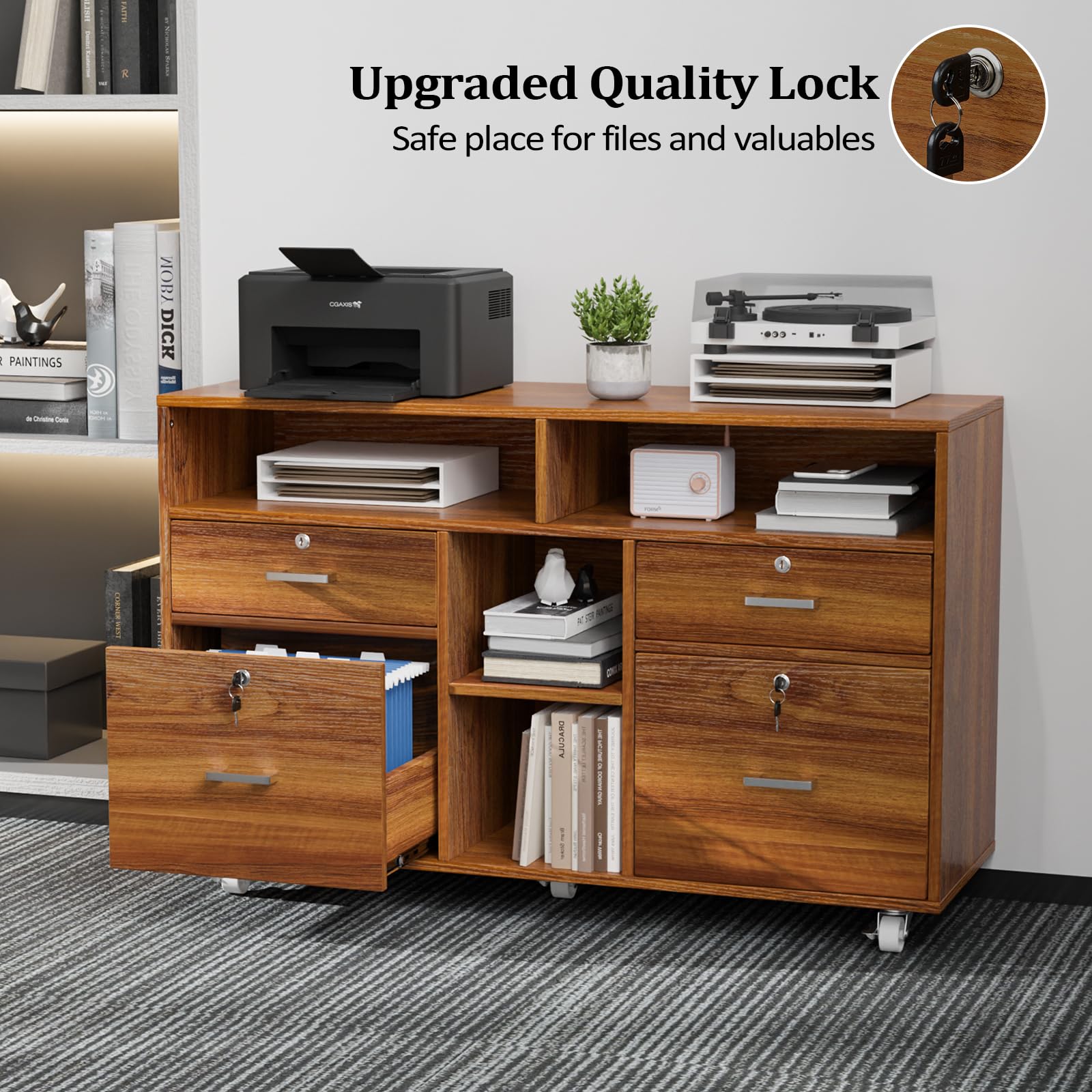 VINGLI 4-Drawer Wood Lateral File Cabinet with Lock & Open Shelves - Lockable Rolling Office Storage for Letter Size Files, Home Office Organization, Printer Stand (Walnut Finish) - Perfect for Home Office, Study Room & Workspace Storage