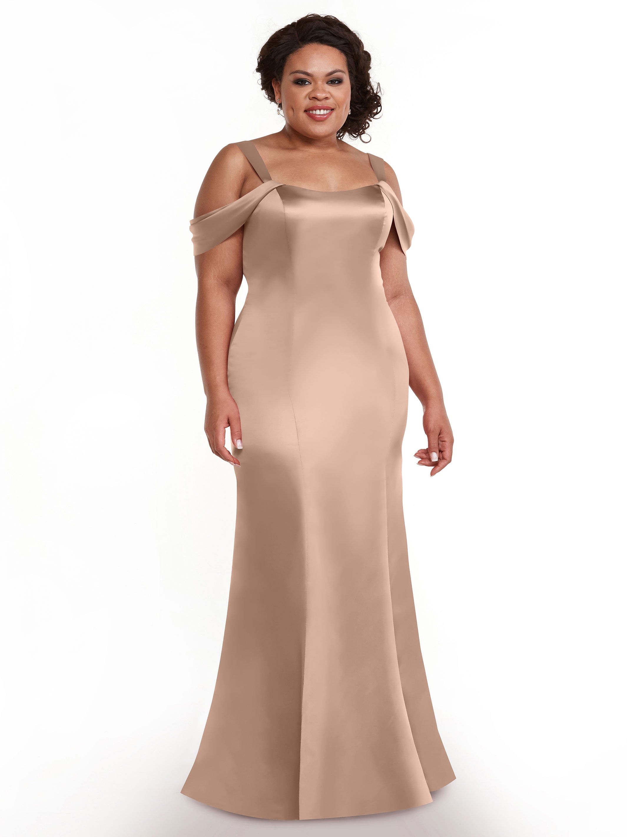 Elegant 80151 Fitted Satin Bridesmaid Dress with Off-The-Shoulder Sleeves - Perfect for Weddings, Formal Events & Special Occasions